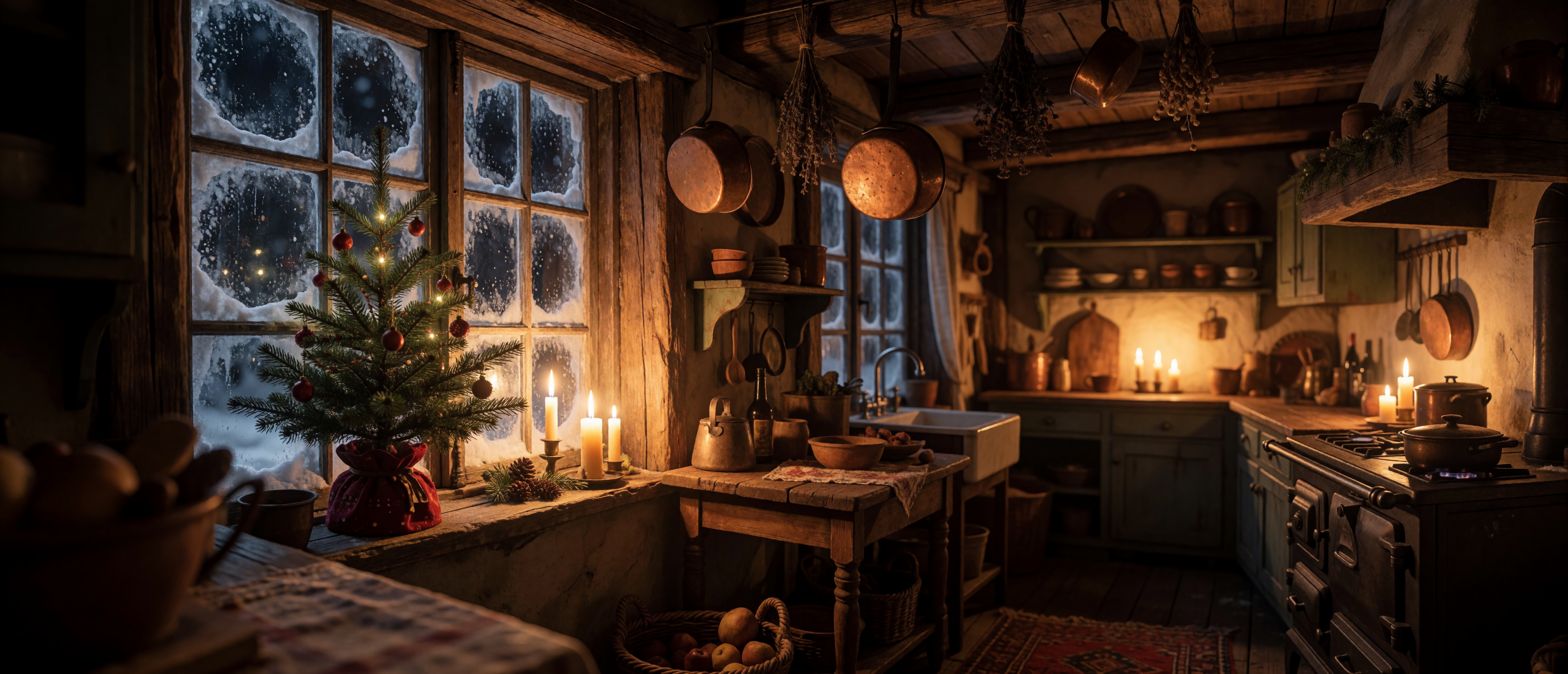 christmas-cottage-kitchen-interior-candles-frosted-window-snow-ultrawide