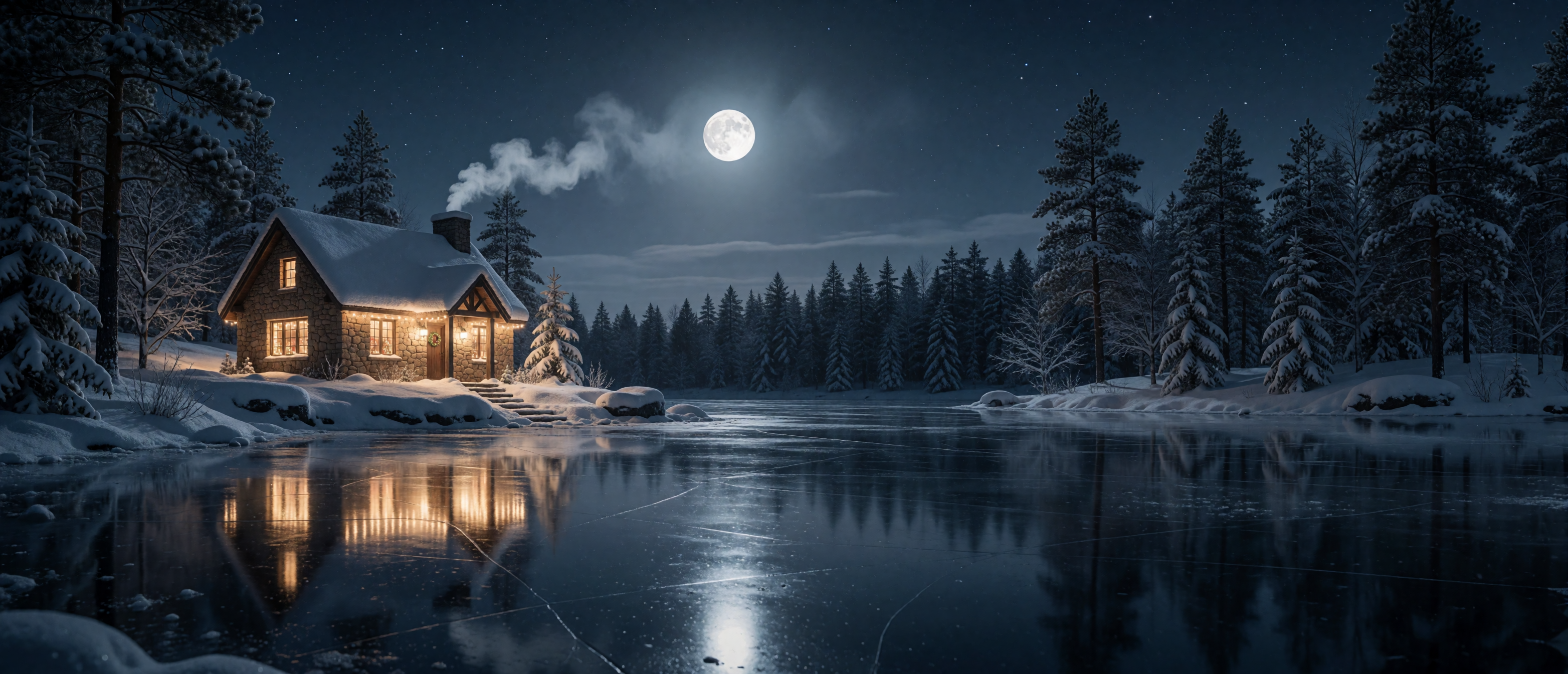 christmas-cottage-lakeside-frozen-lake-lights-reflection-moon-ultrawide