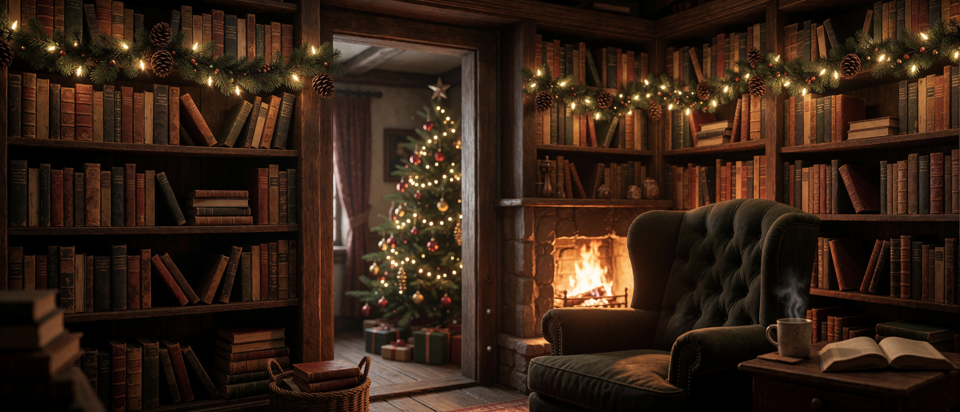 christmas-cottage-library-nook-fireplace-garland-books-warm-ultrawide