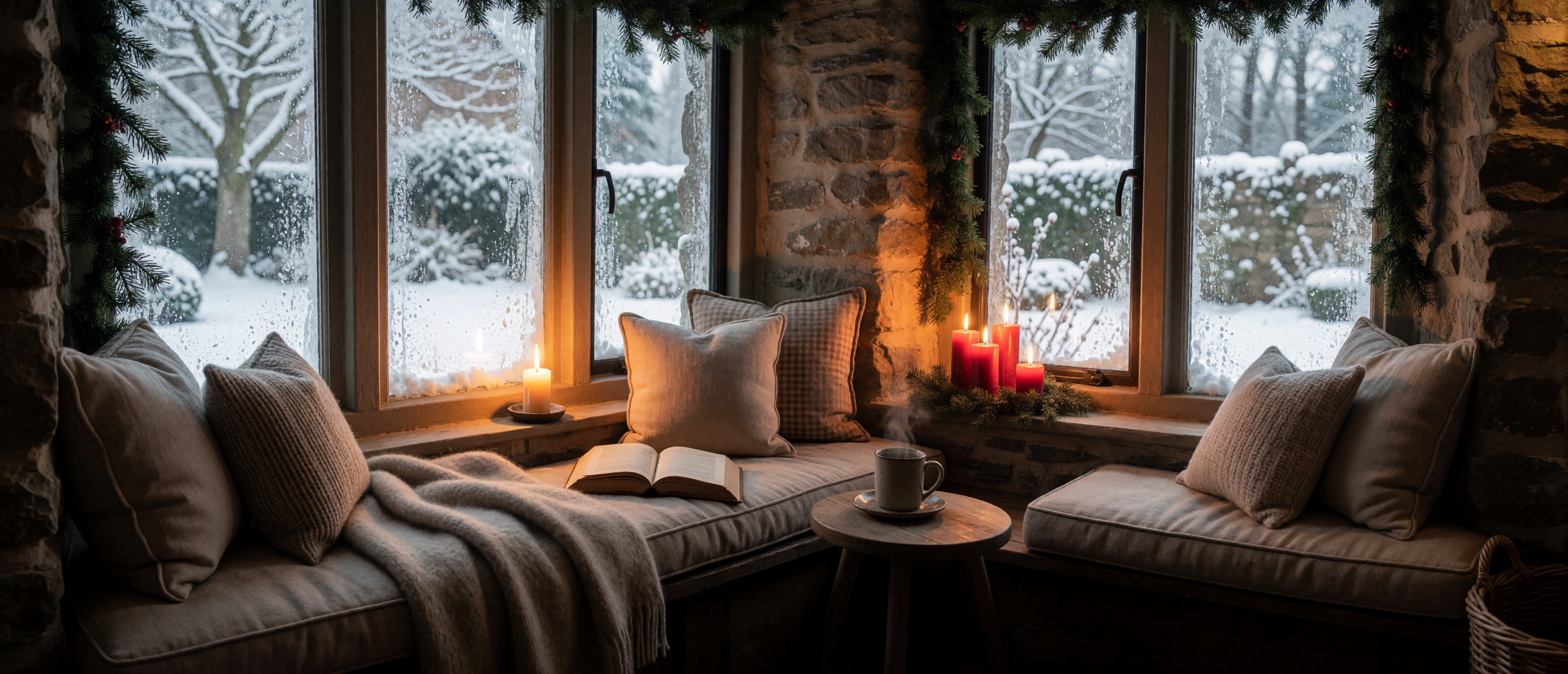 christmas-cottage-reading-nook-window-seat-candle-snow-garden-ultrawide