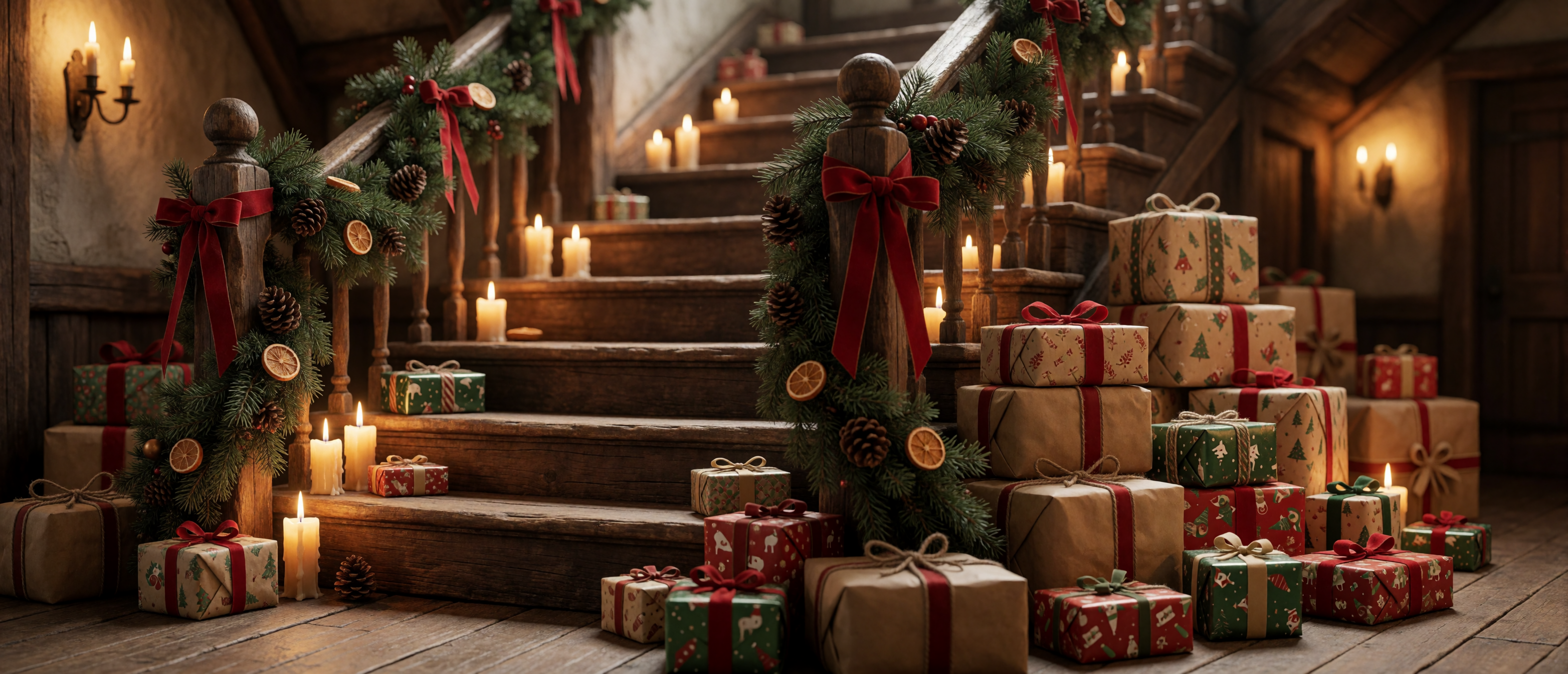 christmas-cottage-staircase-garland-banister-candles-gifts-ultrawide