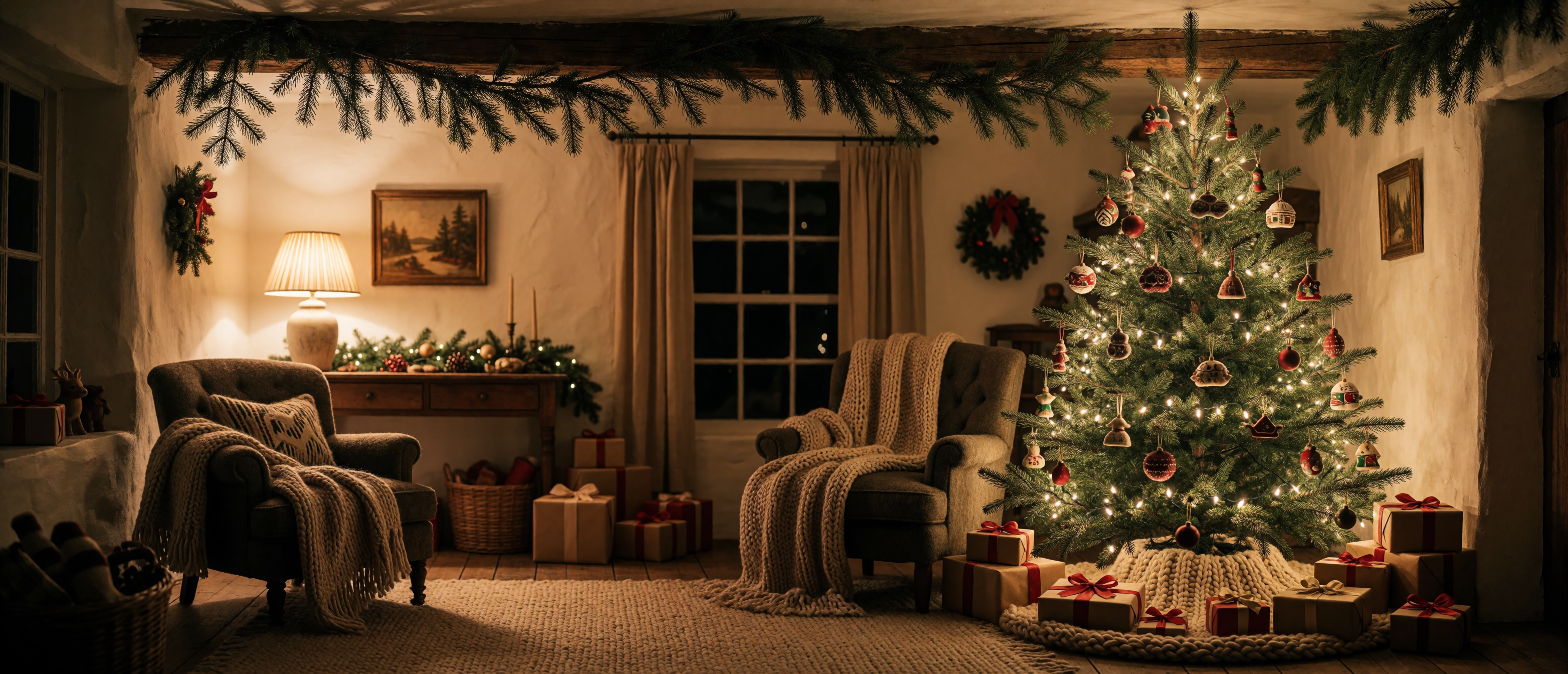christmas-cottage-tree-corner-gifts-armchair-warm-lights-ultrawide