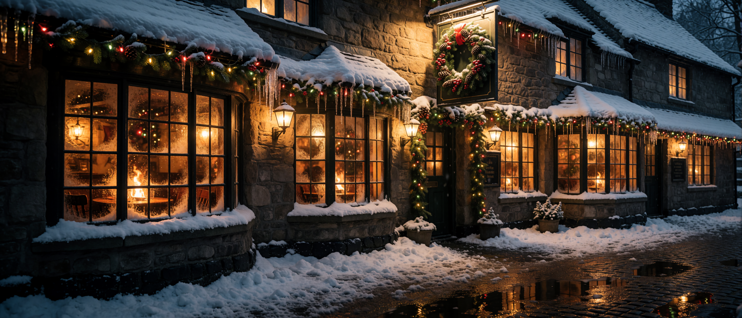 christmas-cottage-village-pub-lights-wreath-amber-cobblestone-ultrawide
