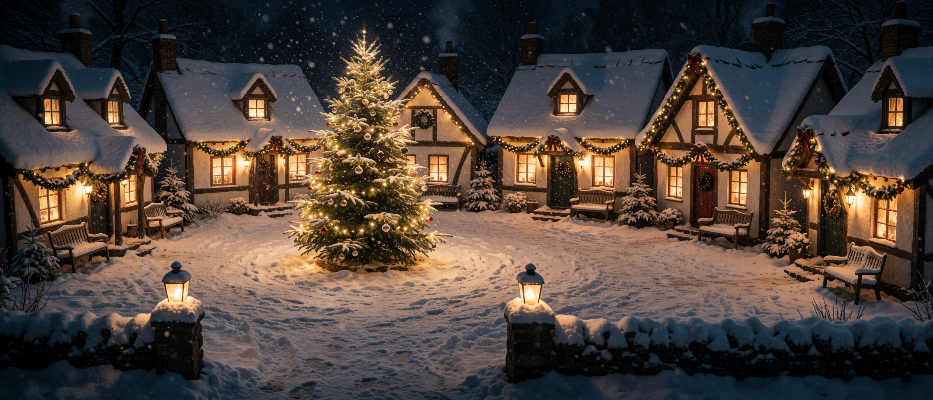 christmas-cottage-village-square-tree-lanterns-garland-snow-ultrawide