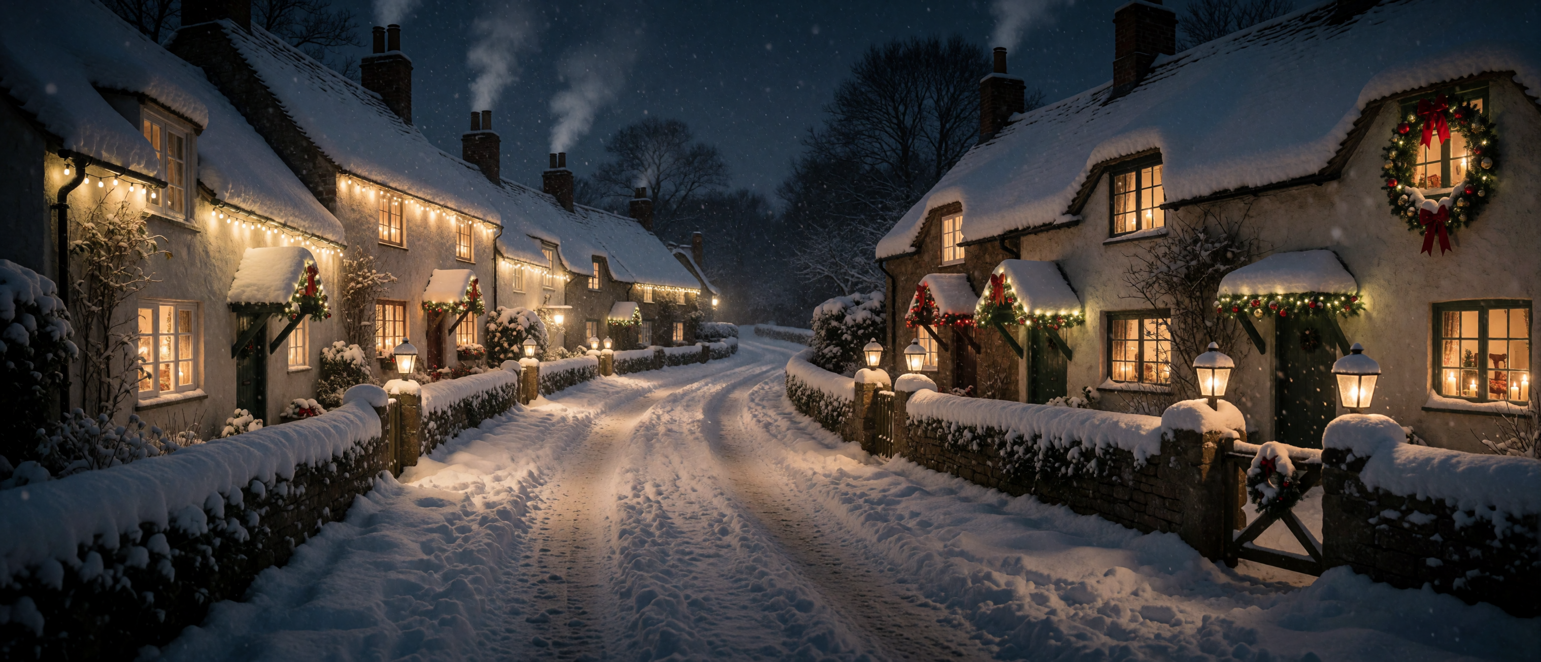 christmas-cottages-snowy-lane-varied-decorations-night-ultrawide