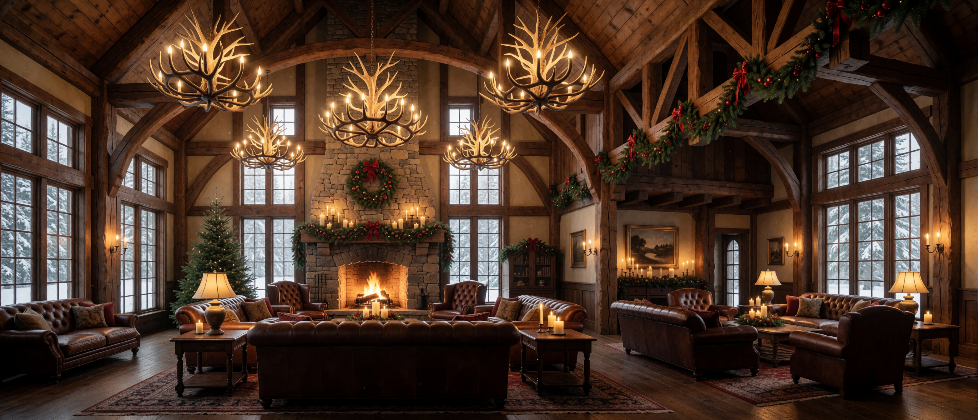 christmas-lodge-interior-timber-beams-antler-chandelier-fireplace-ultrawide