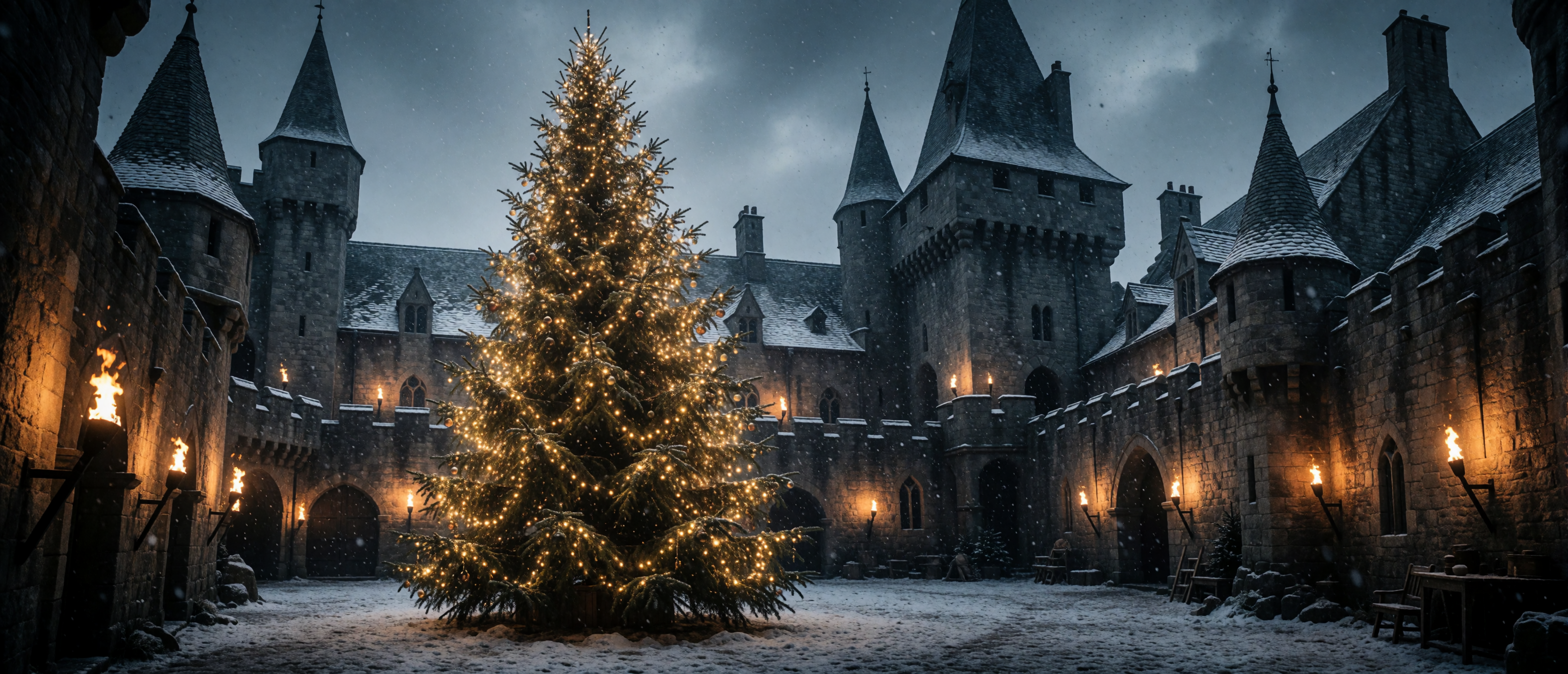 christmas-tree-castle-courtyard-torches-snow-medieval-ultrawide