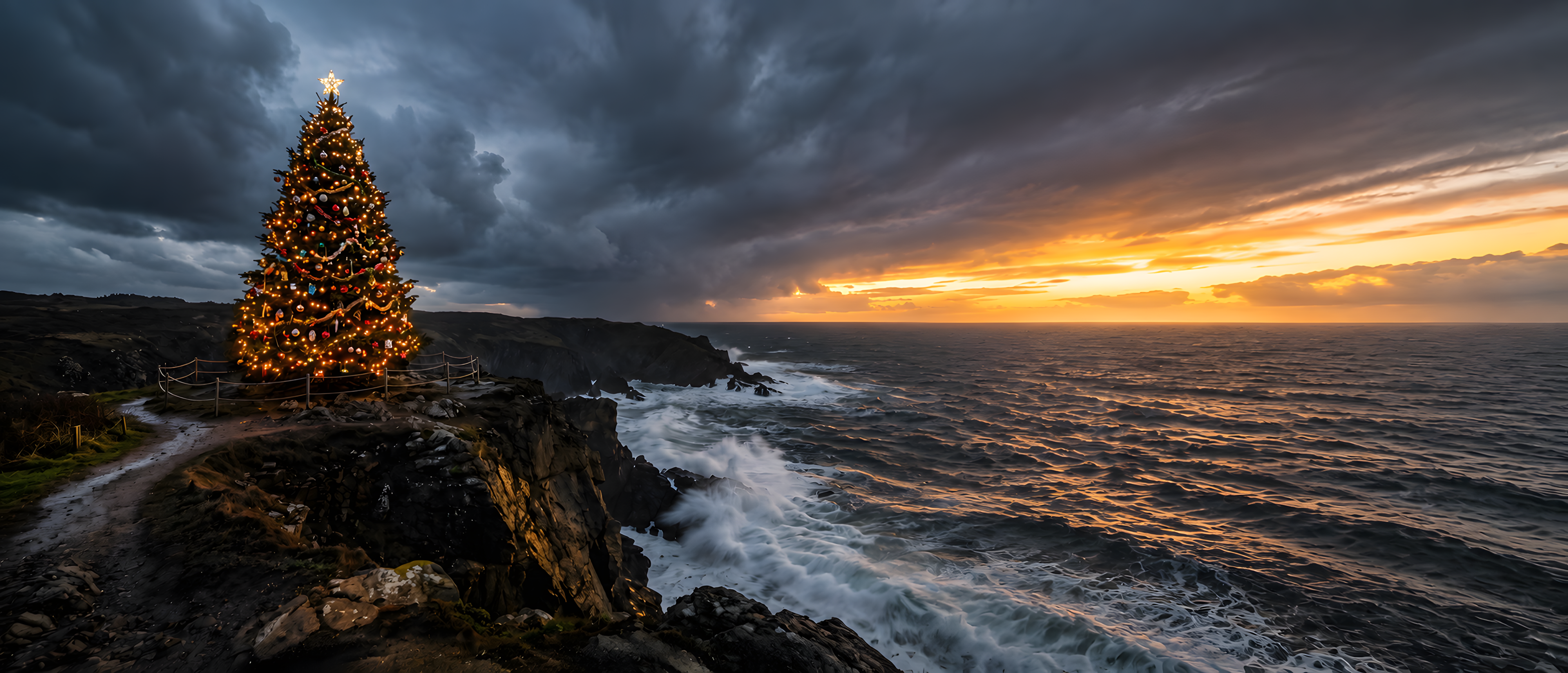 christmas-tree-coastal-cliff-storm-golden-sunset-waves-ultrawide