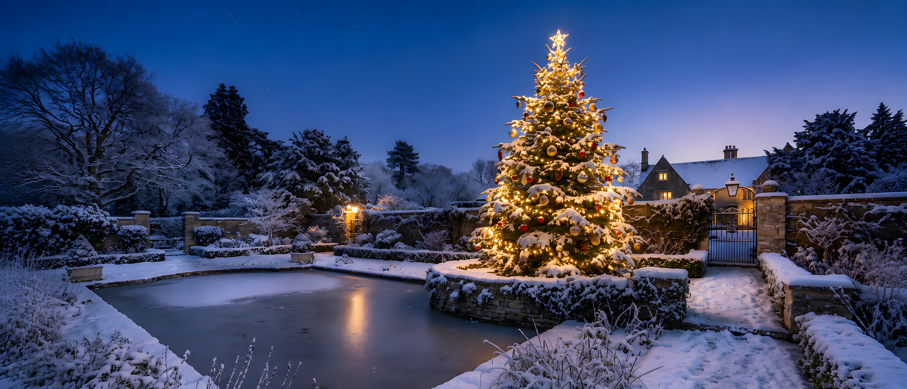 christmas-tree-english-garden-dusk-frozen-pond-reflection-ultrawide