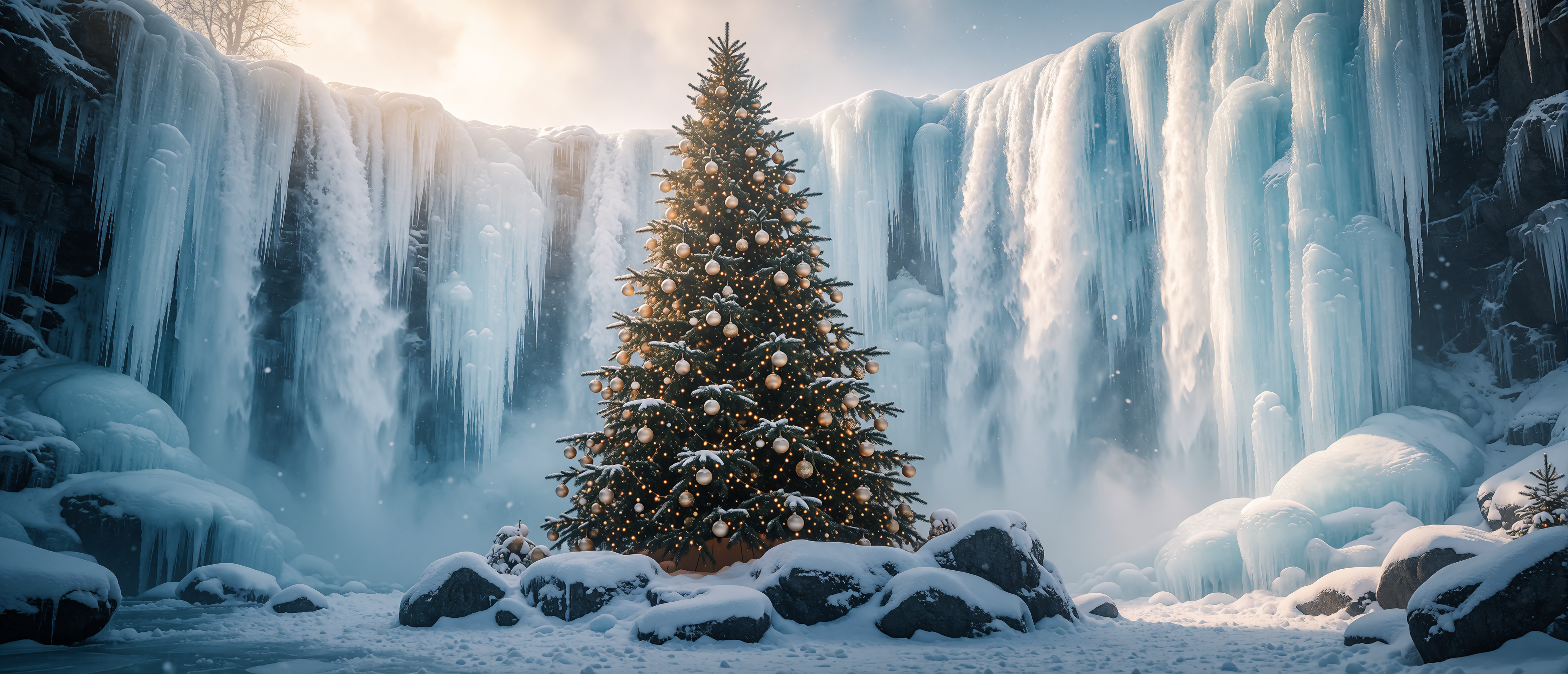 christmas-tree-frozen-waterfall-blue-ice-warm-lights-ultrawide