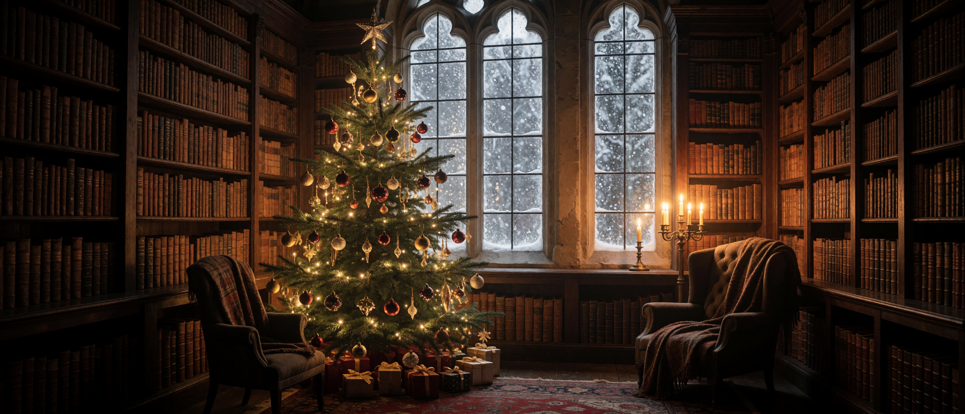 christmas-tree-grand-library-leather-books-candlelight-ultrawide