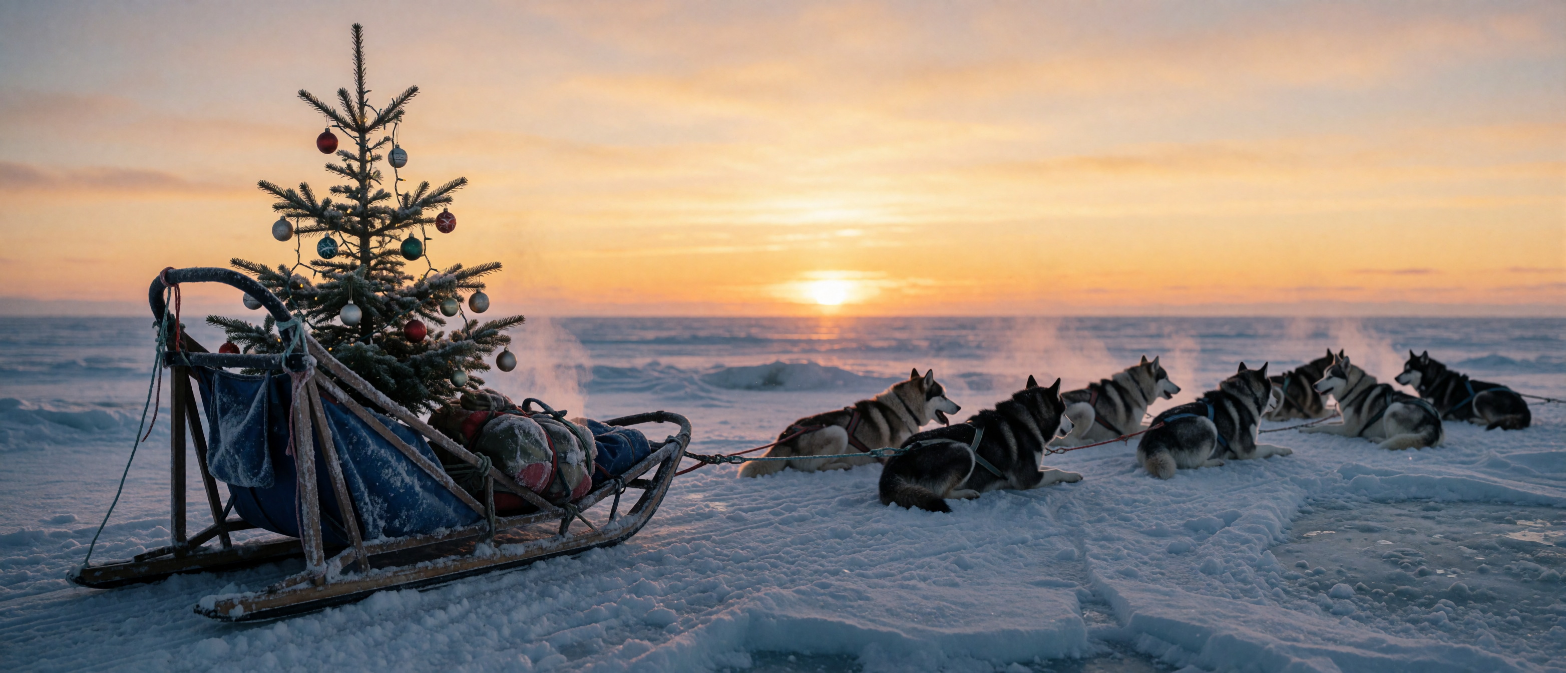 christmas-tree-husky-sled-team-arctic-dusk-partially-decorated-ultrawide