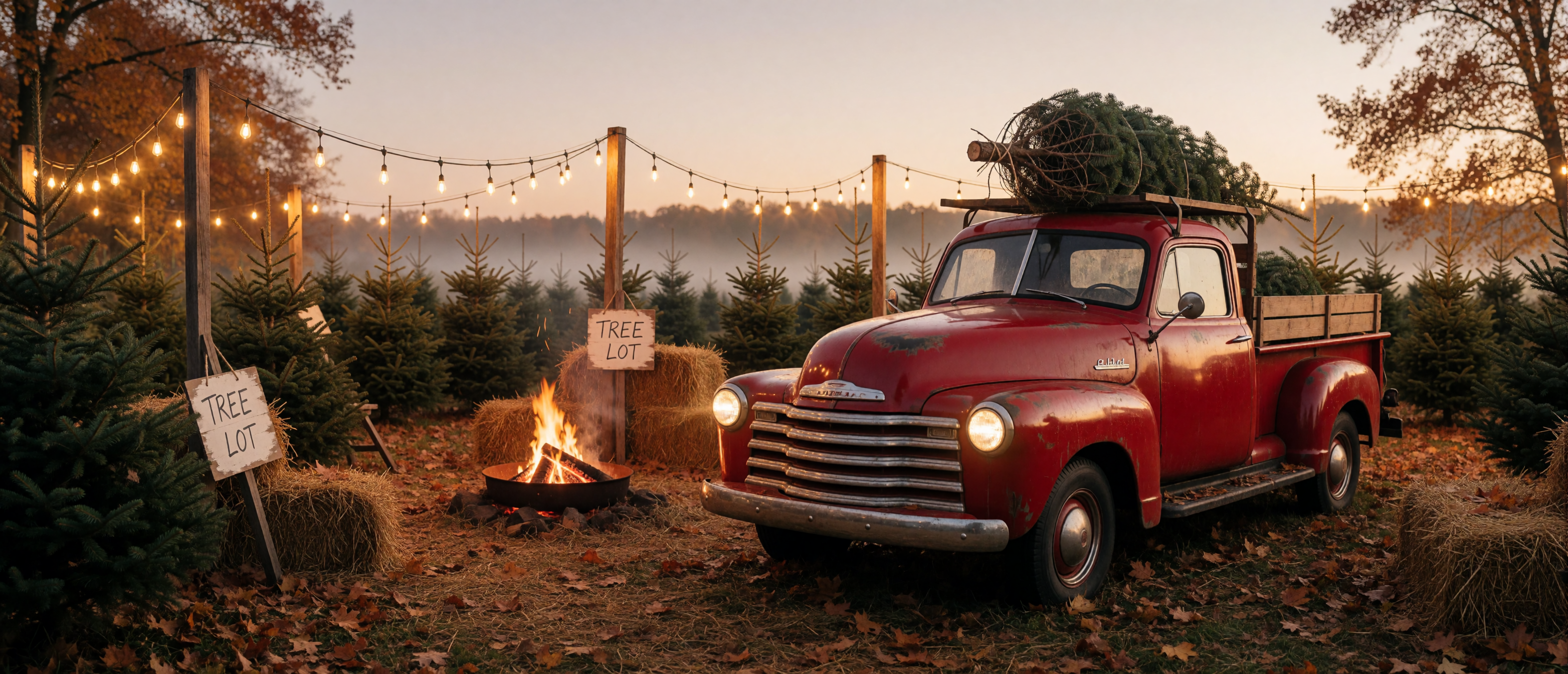 christmas-tree-lot-vintage-red-pickup-firepit-autumn-evening-ultrawide