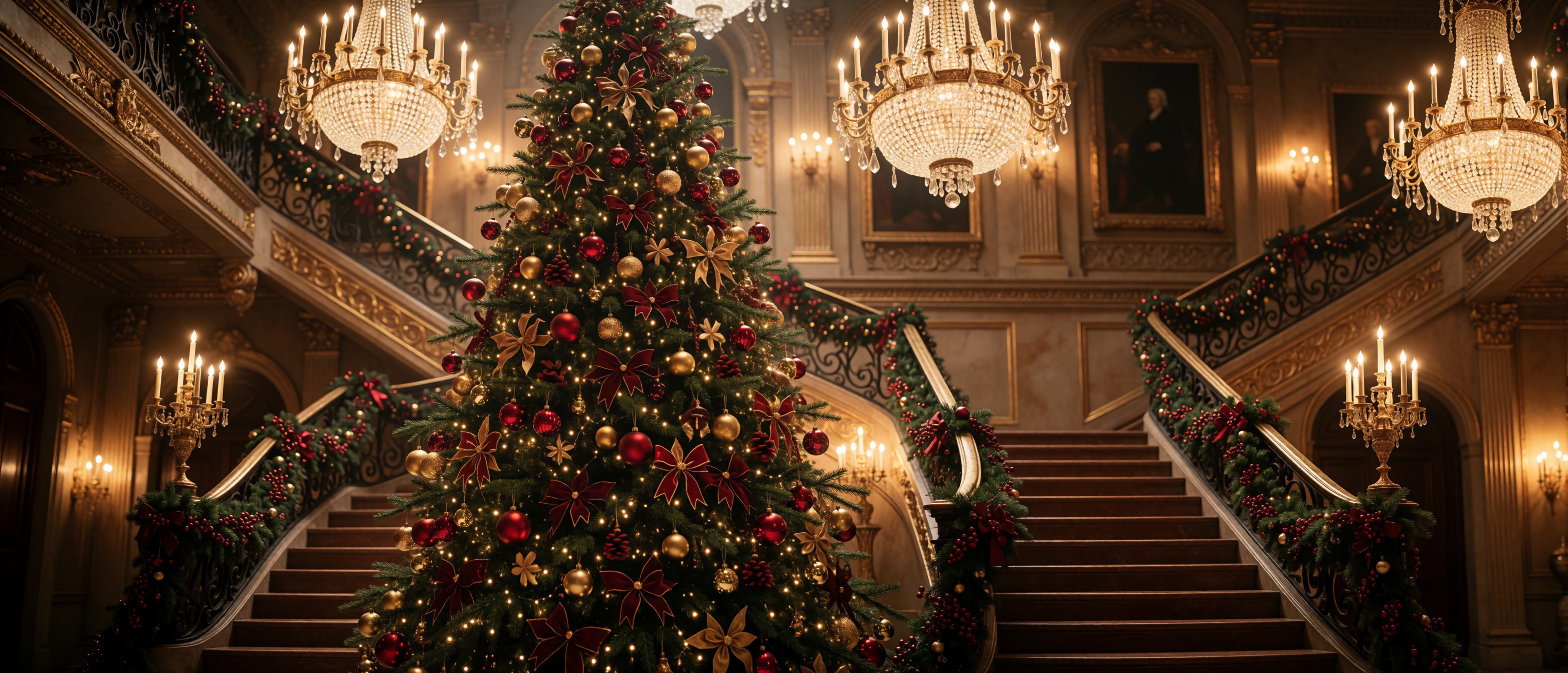 christmas-tree-palatial-manor-hall-red-gold-chandelier-ultrawide