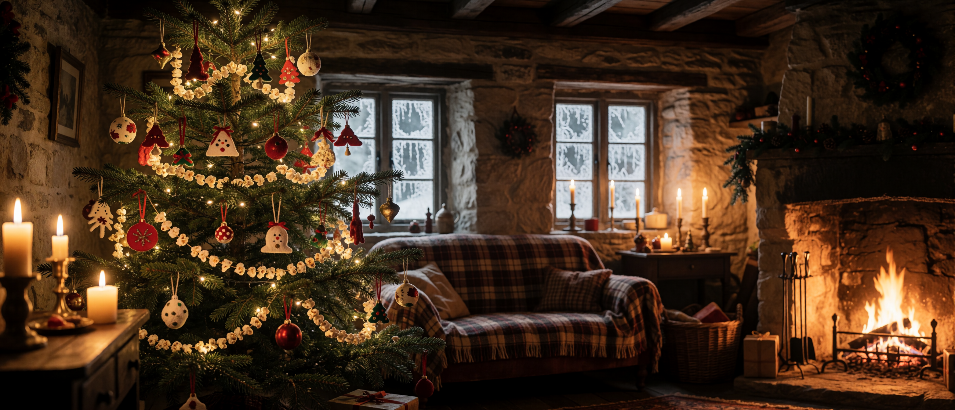christmas-tree-stone-cottage-candlelight-fireplace-cozy-ultrawide