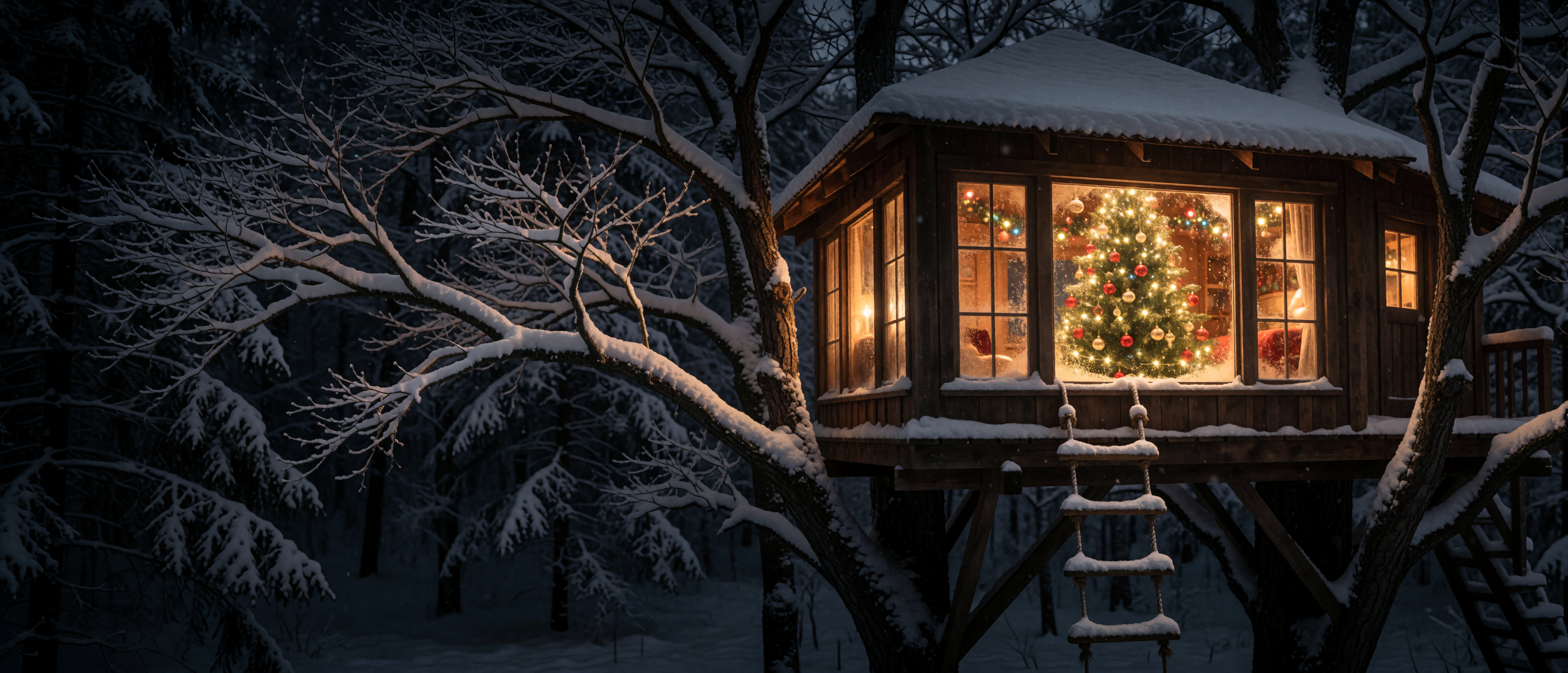 christmas-tree-treehouse-snow-forest-warm-windows-ultrawide