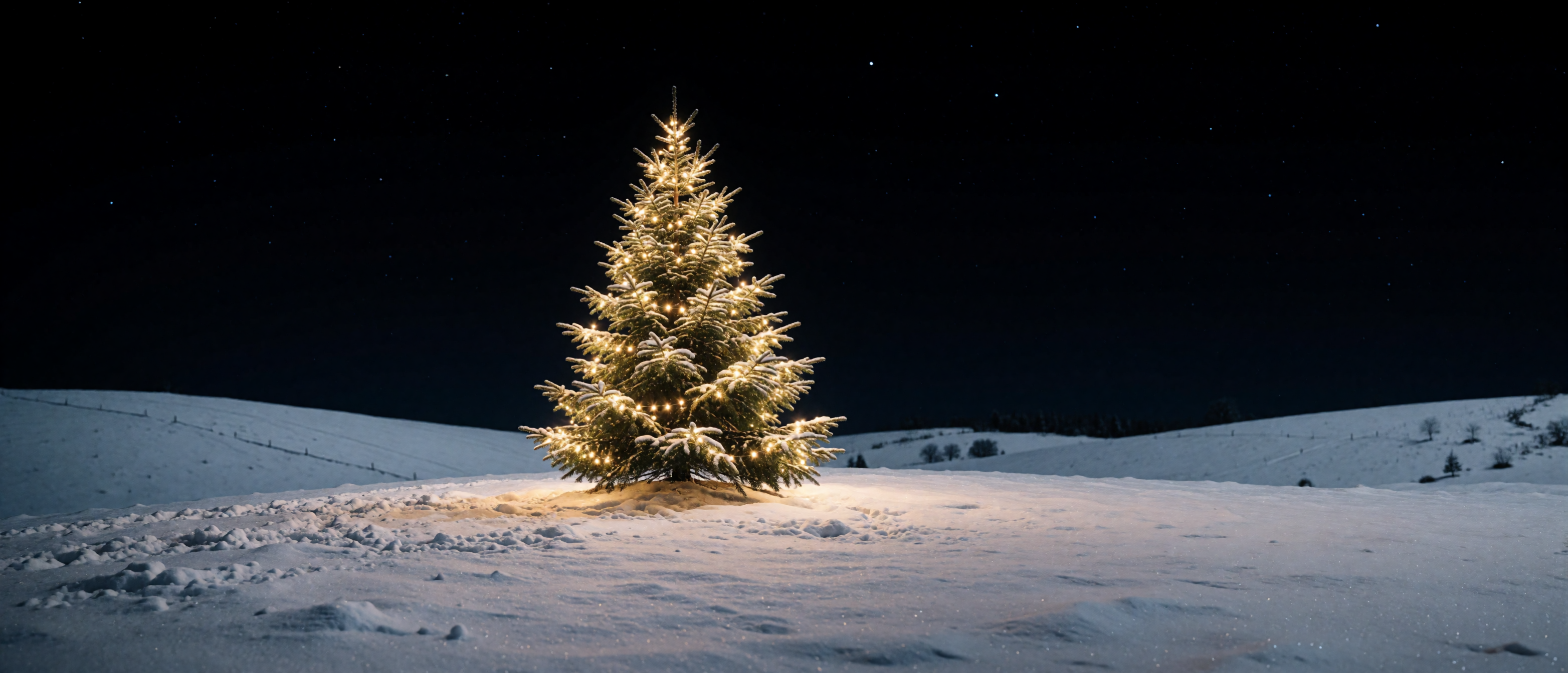 lone-christmas-tree-snowy-hill-starfield-night-ultrawide