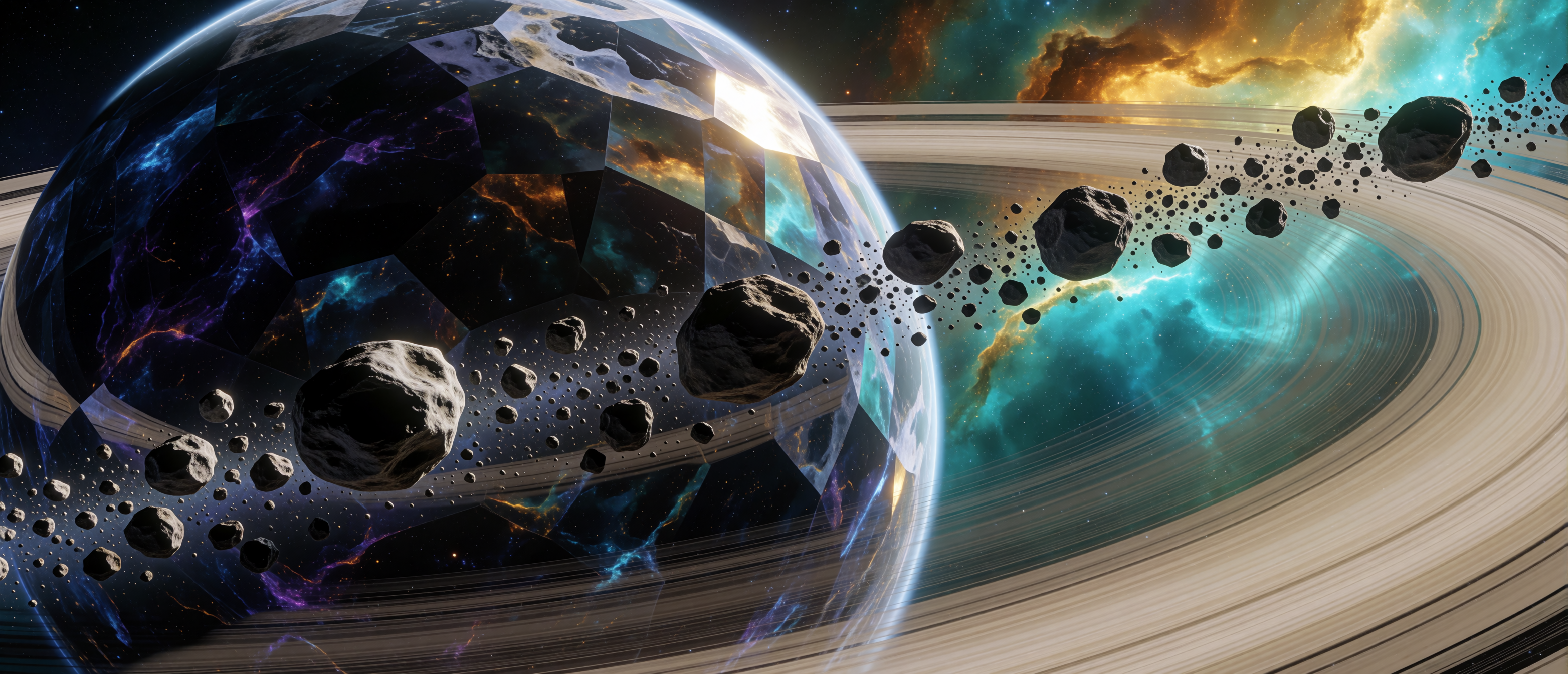 space-crystalline-planet-asteroid-ring-teal-nebula-ultrawide