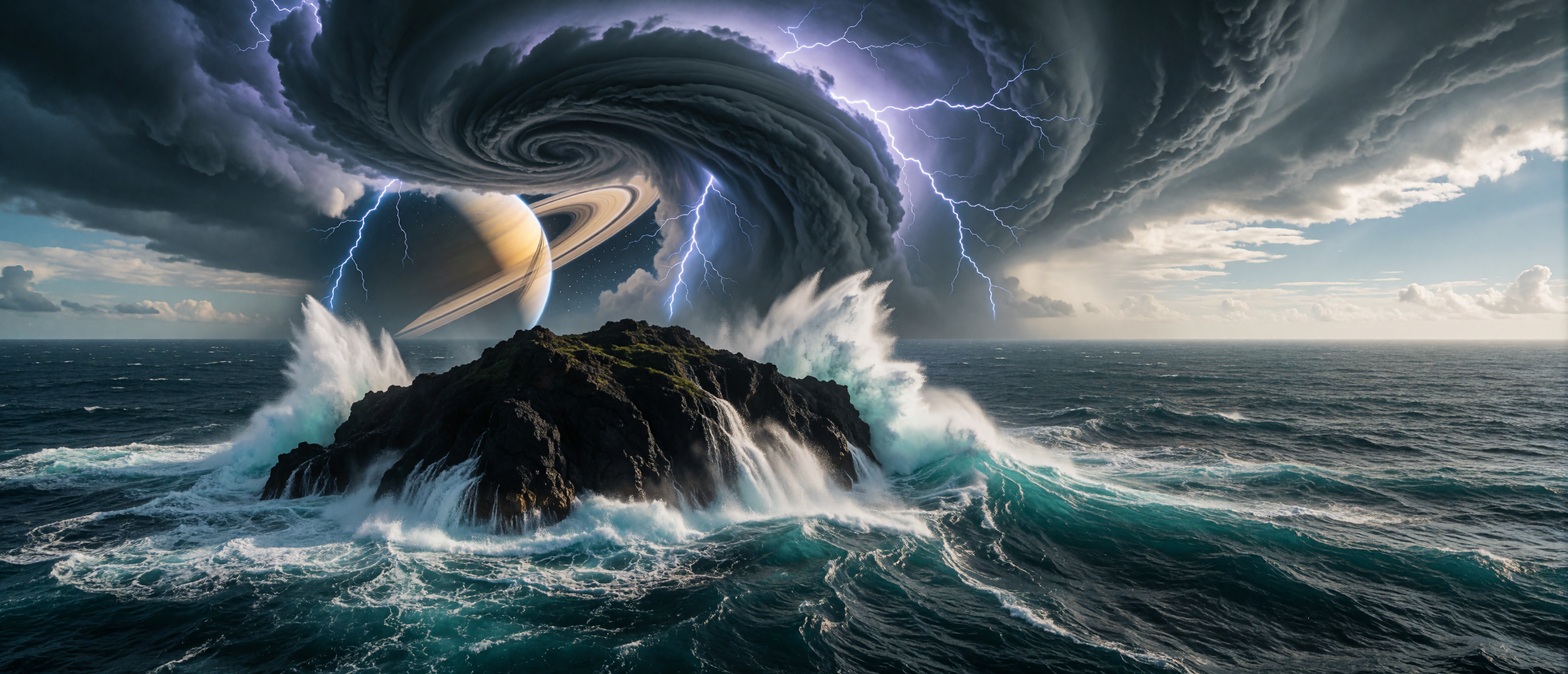 space-ocean-world-storm-volcanic-island-rings-ultrawide