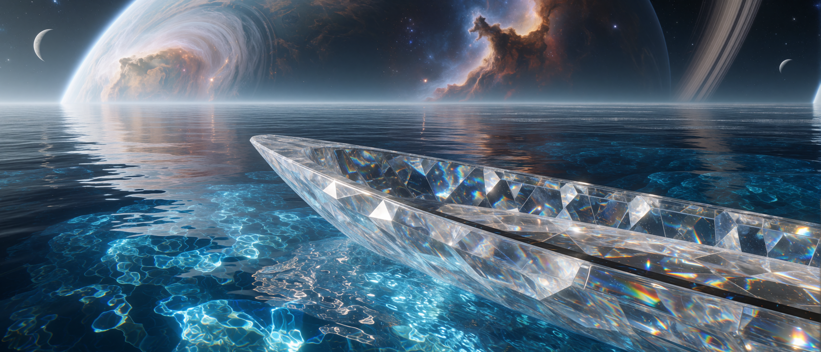 space-vantage-alien-crystal-boat-ringed-planet-crystalline-sea-ultrawide