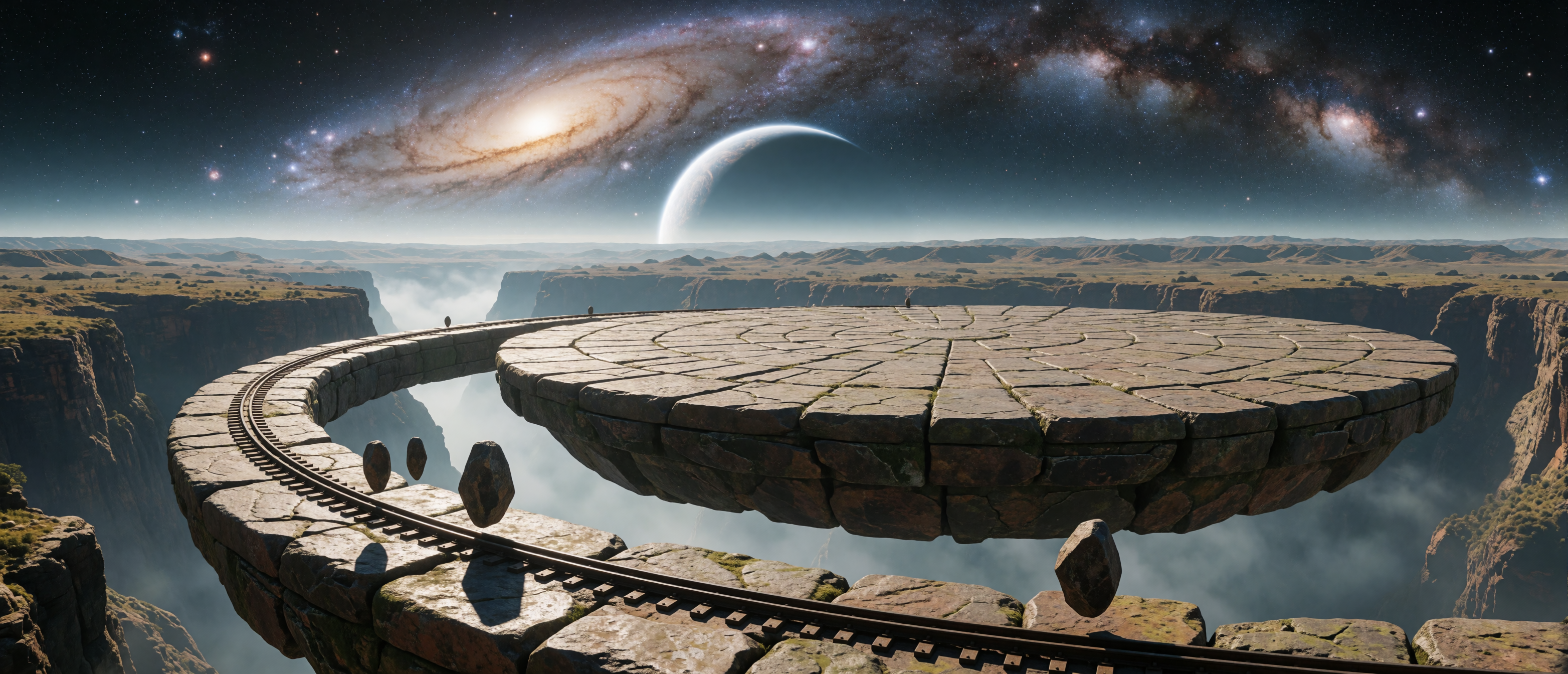 space-vantage-floating-stone-observatory-spiral-galaxy-ultrawide