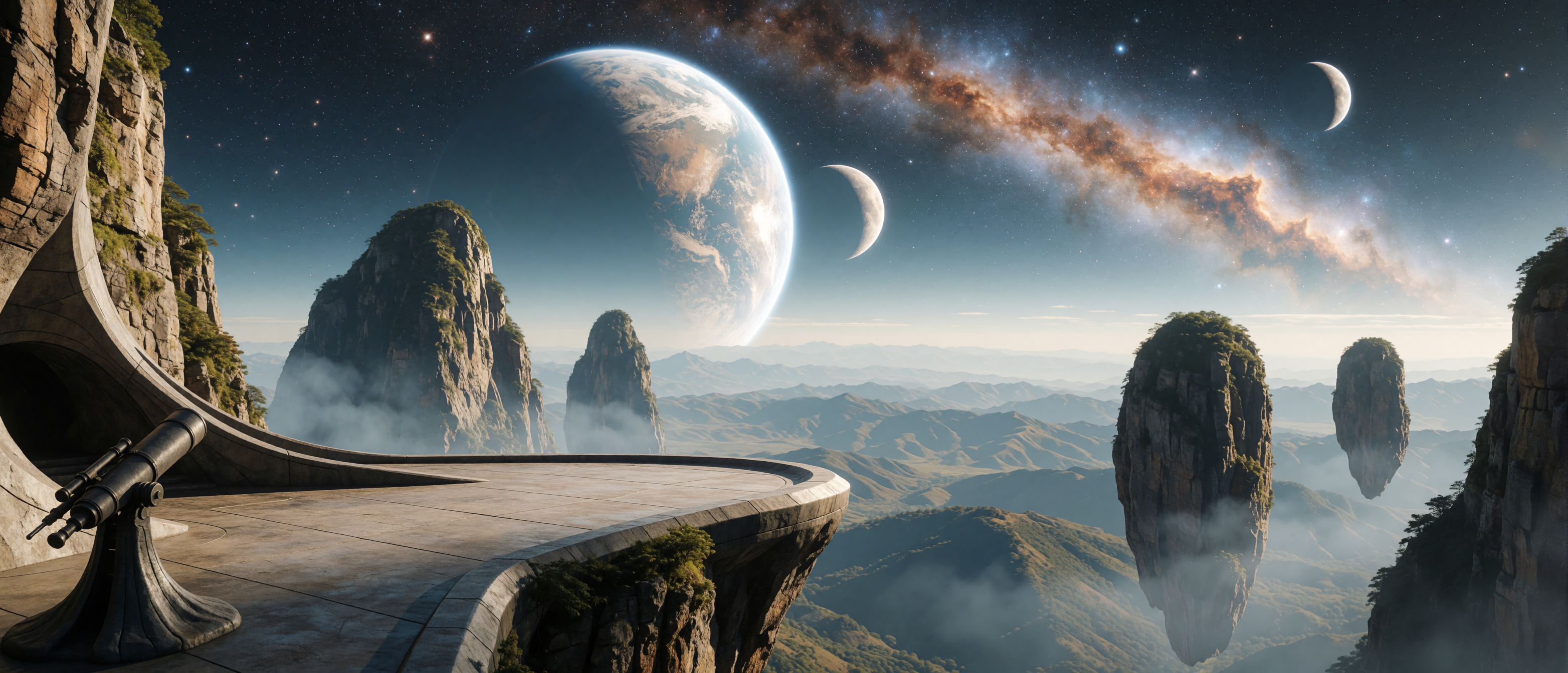 space-vantage-observation-deck-floating-mountains-planets-ultrawide