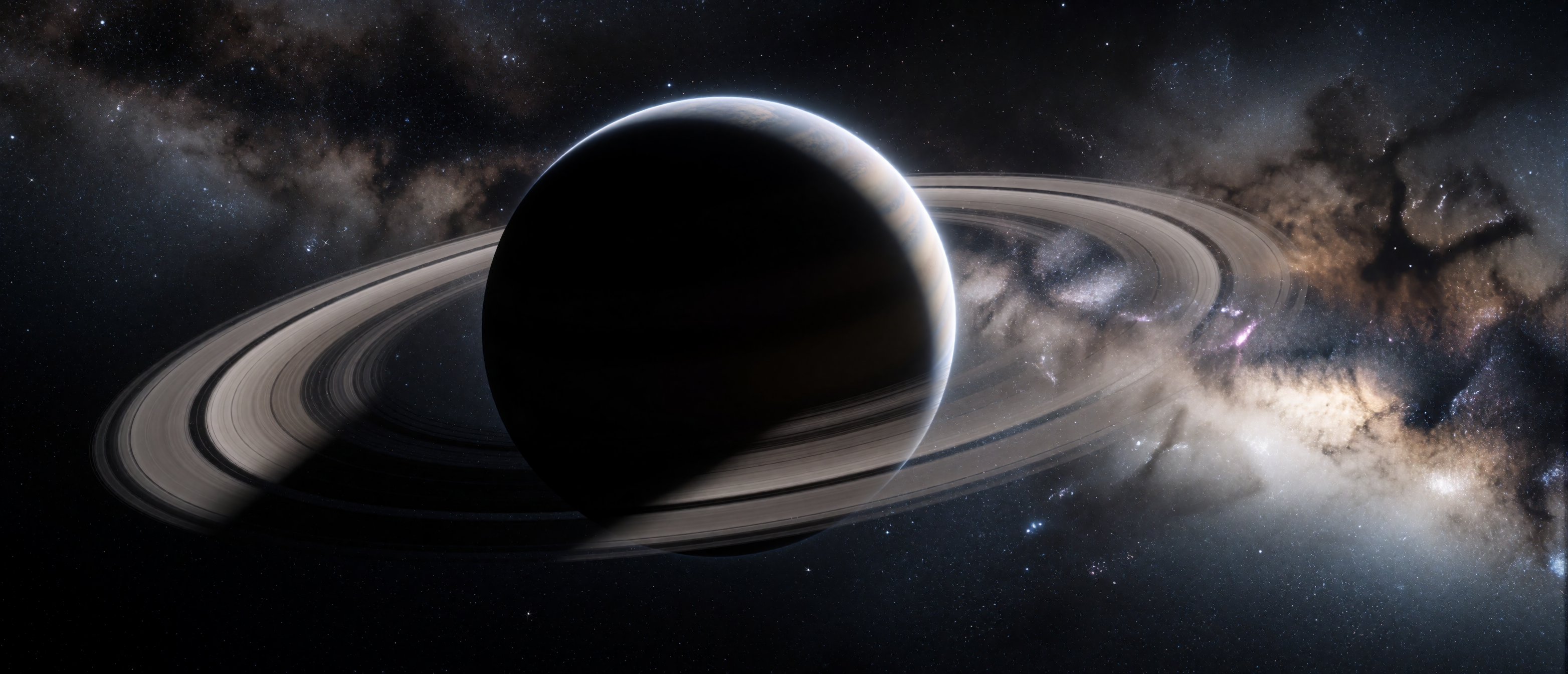 space-dark-ringed-planet-luminous-rings-milky-way-backdrop-ultrawide