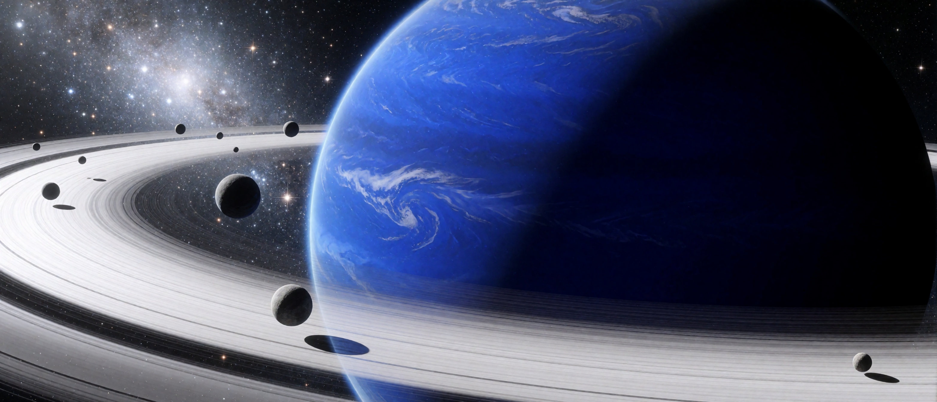 space-deep-sapphire-ice-giant-white-rings-moons-star-cluster-ultrawide