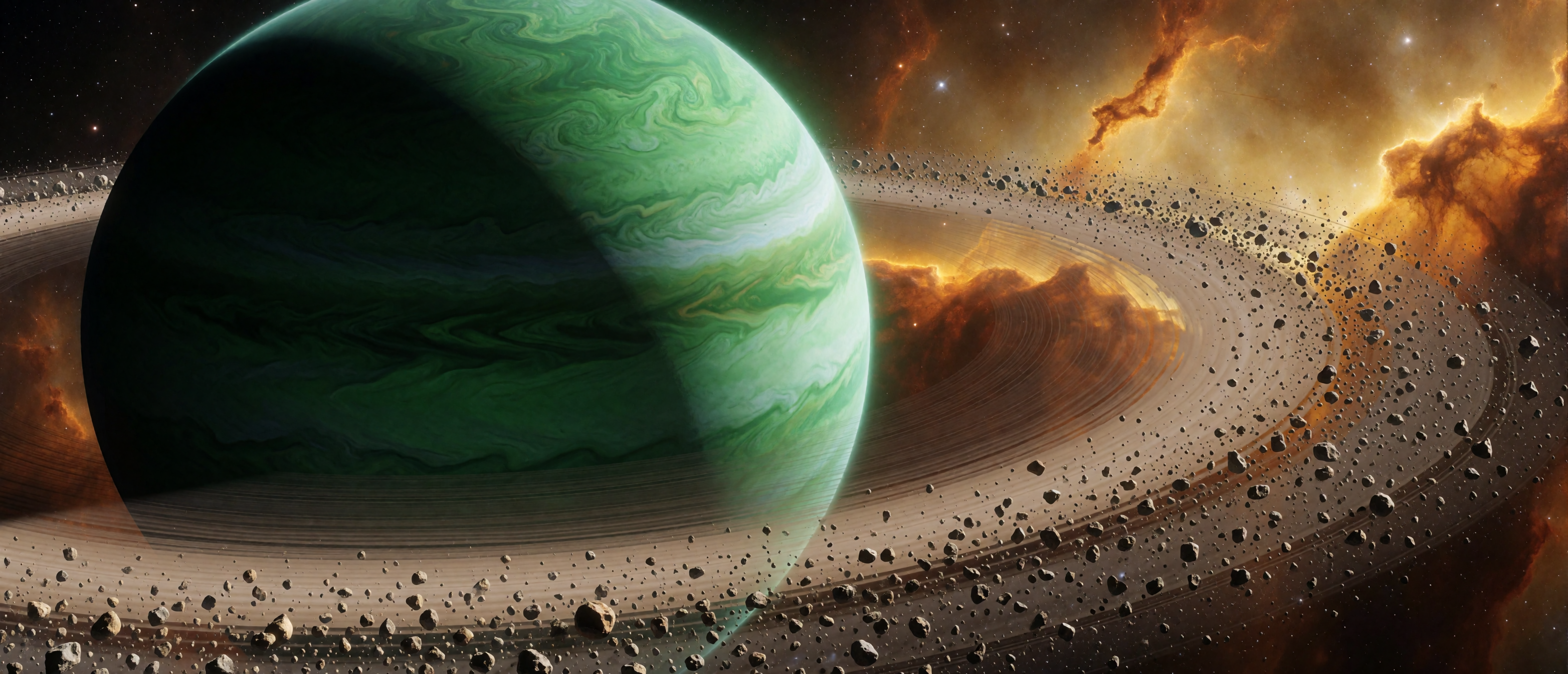 space-emerald-green-ringed-planet-bioluminescent-amber-nebula-ultrawide