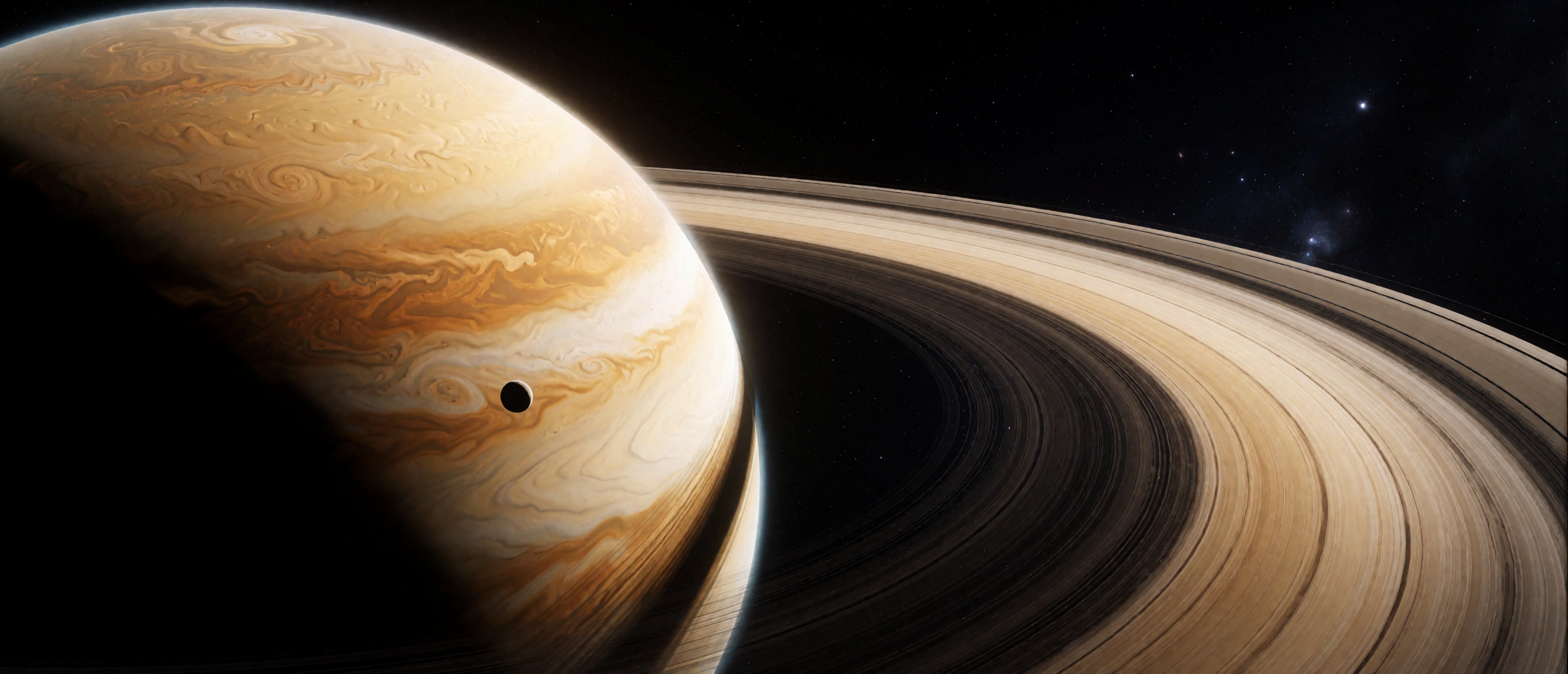 space-ringed-gas-giant-amber-bands-moon-silhouette-ring-shadow-ultrawide
