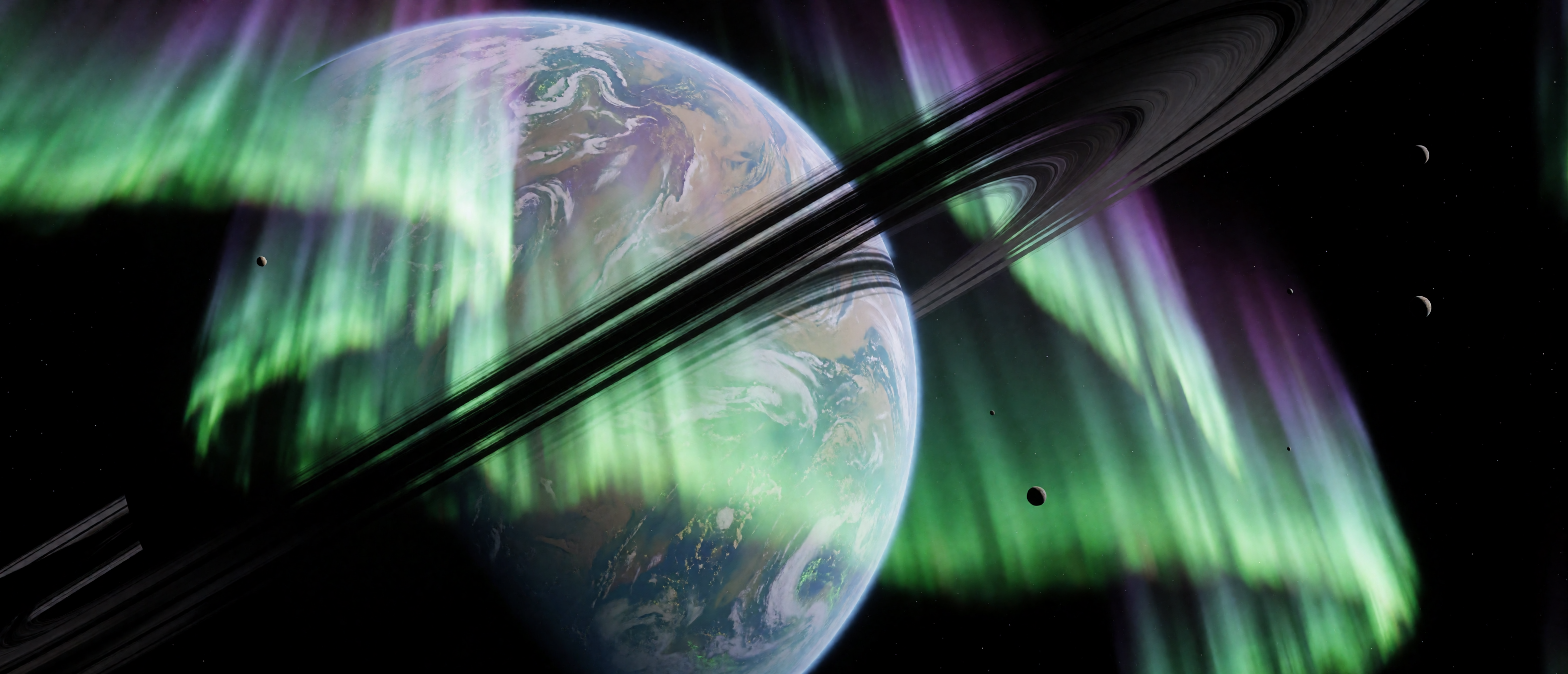 space-ringed-planet-aurora-green-violet-curtains-moons-deep-space-ultrawide