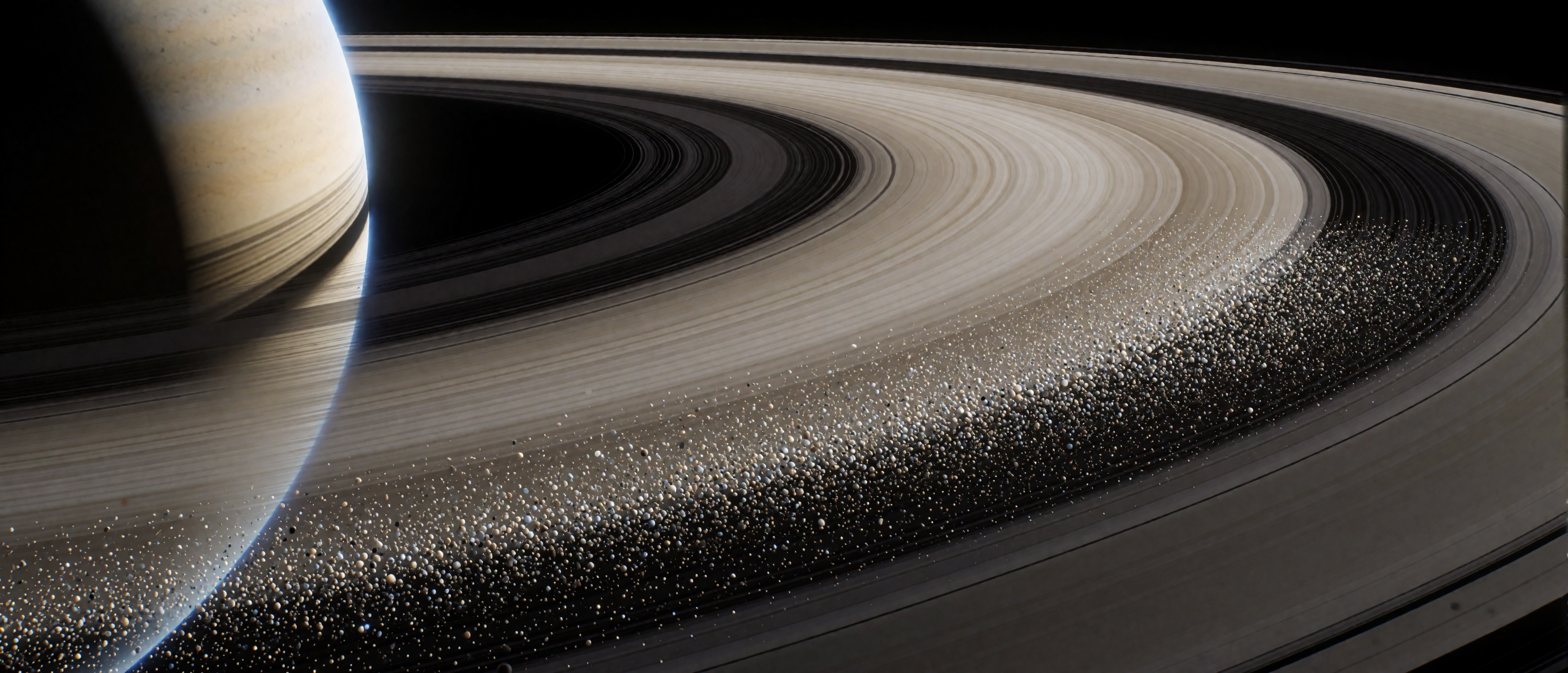 space-ringed-planet-disrupted-rings-moon-impact-debris-ice-particles-ultrawide