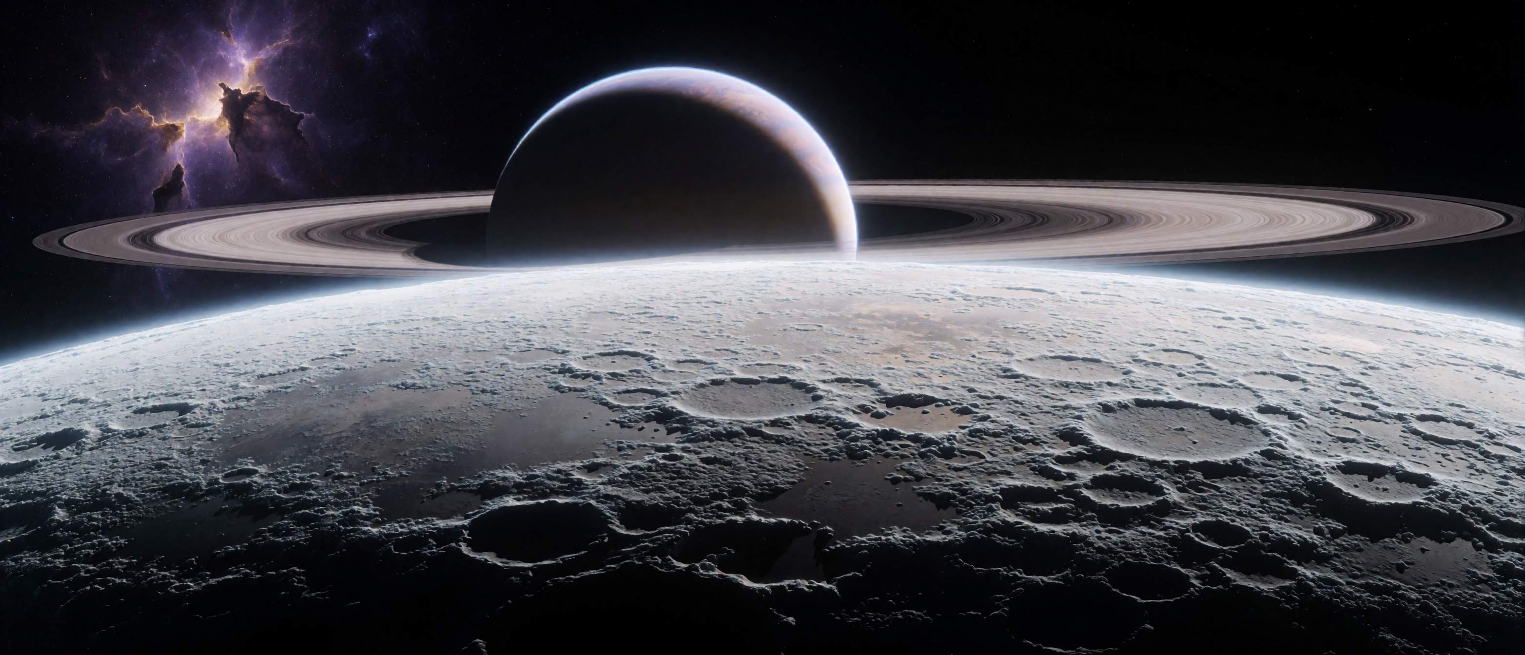 space-ringed-planet-rising-moon-horizon-craters-frost-nebula-ultrawide