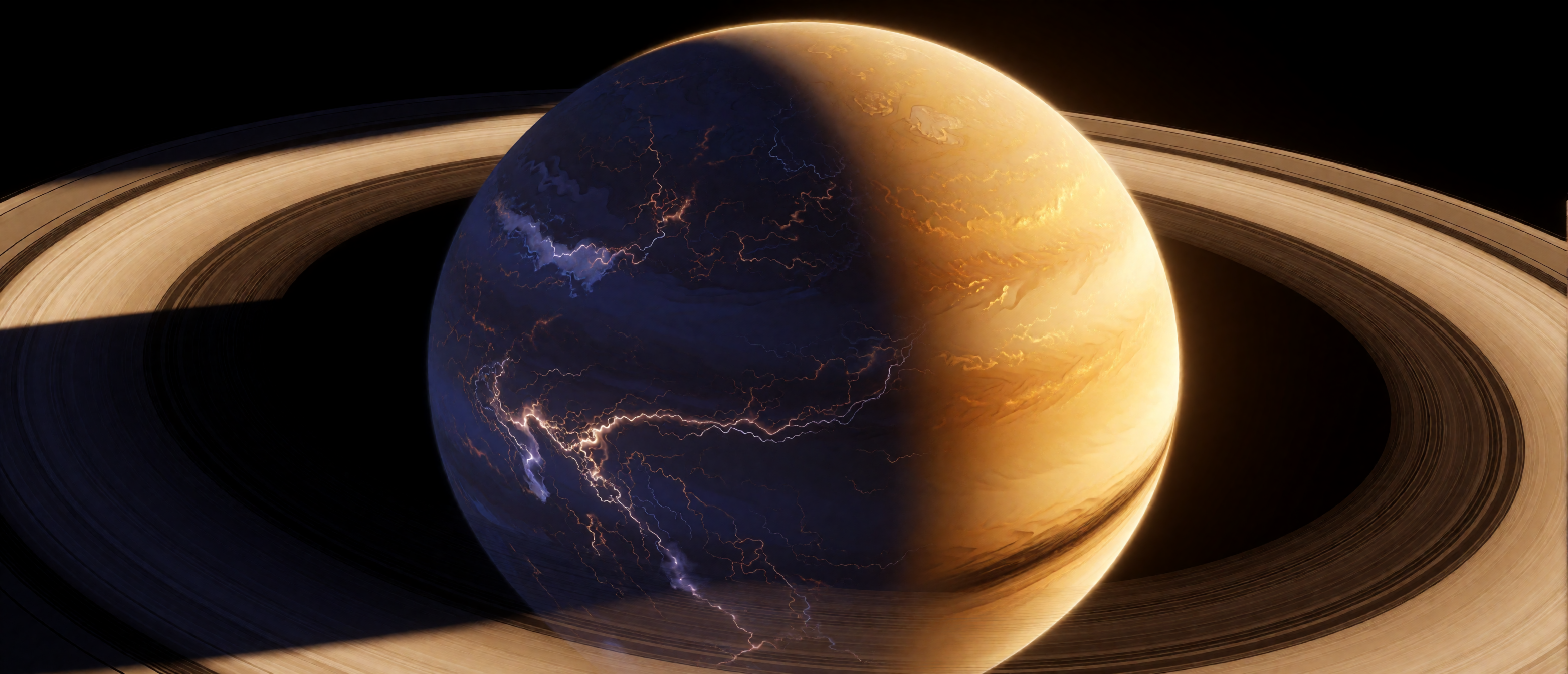 space-ringed-planet-terminator-line-day-night-lightning-golden-indigo-ultrawide