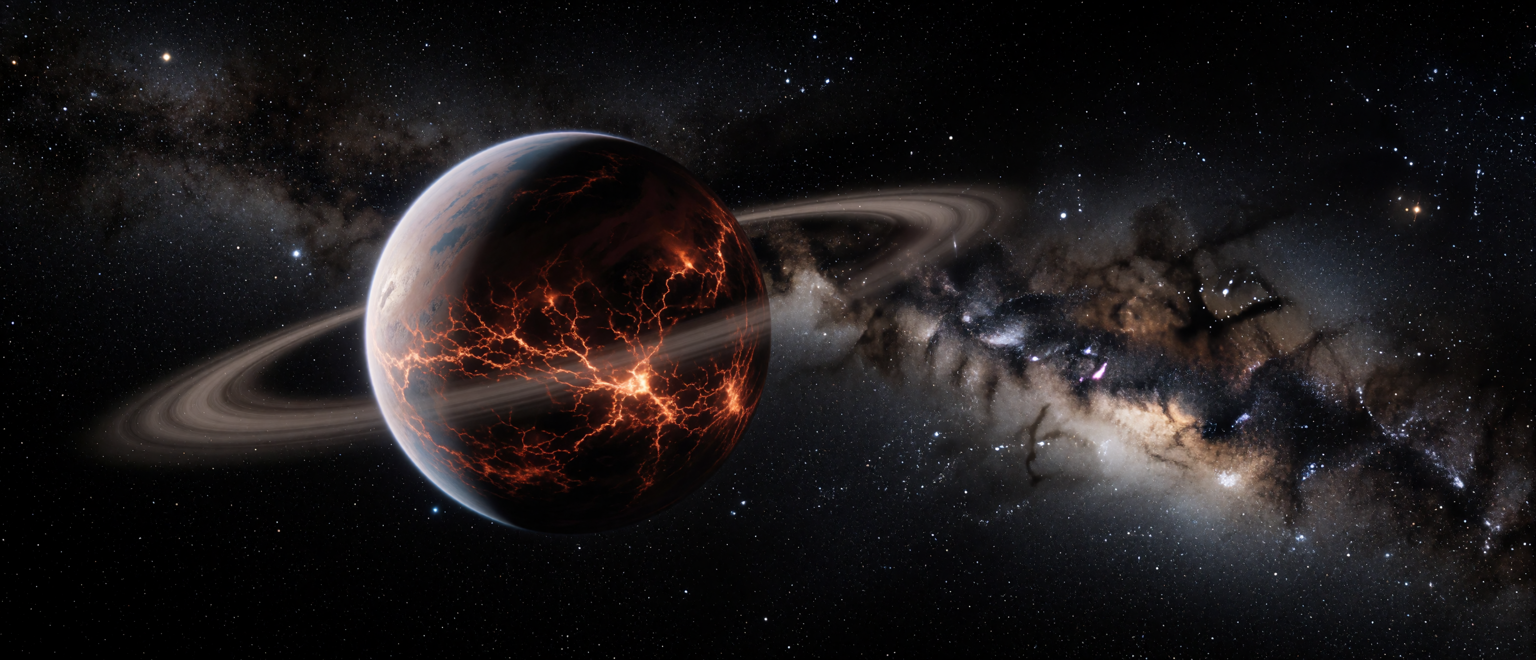 space-rogue-planet-glowing-cracks-milky-way-ultrawide