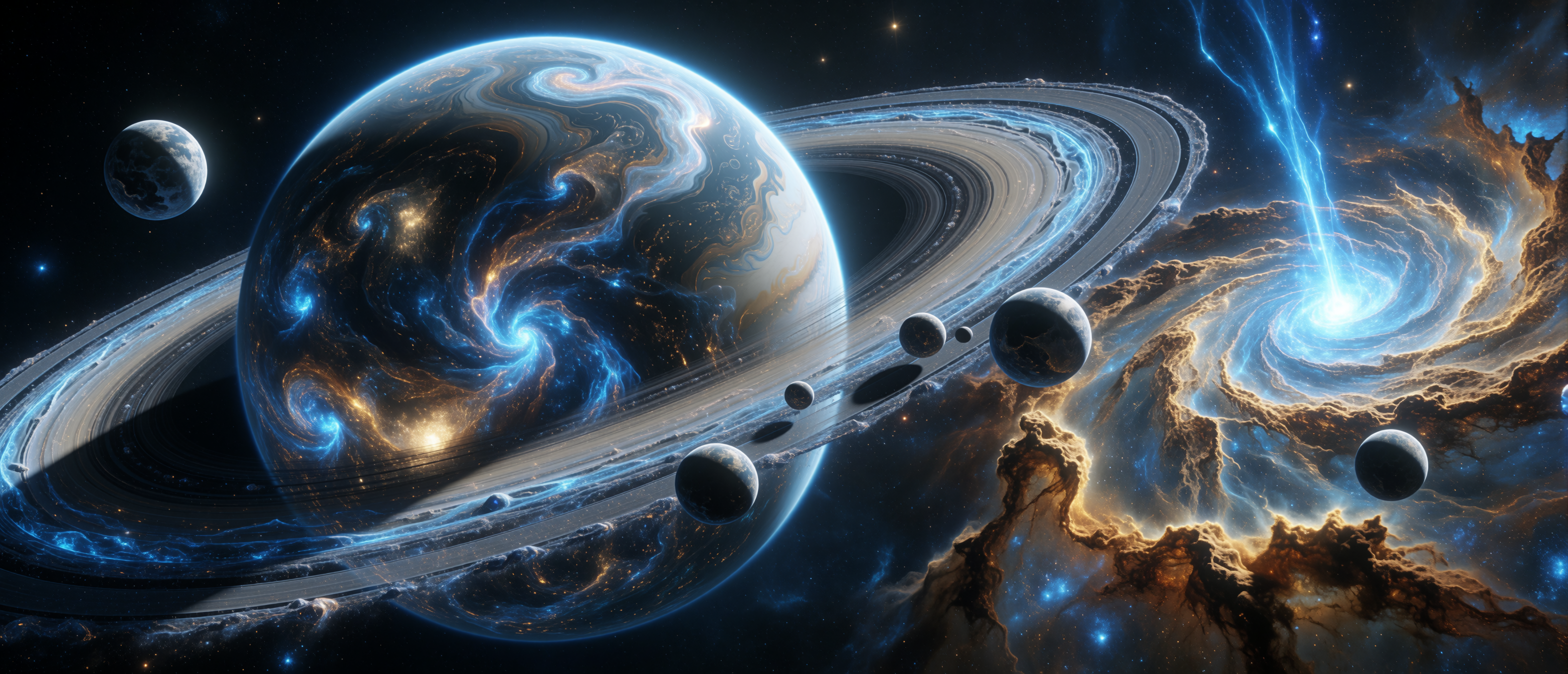 space-swirling-blue-gas-giant-rings-moons-spiral-nebula-ultrawide