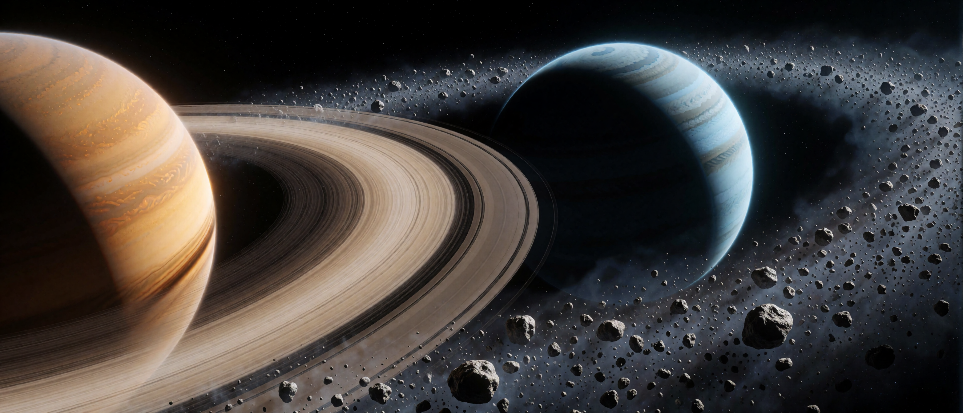 space-two-planets-ice-rings-asteroid-belt-gravitational-interaction-ultrawide