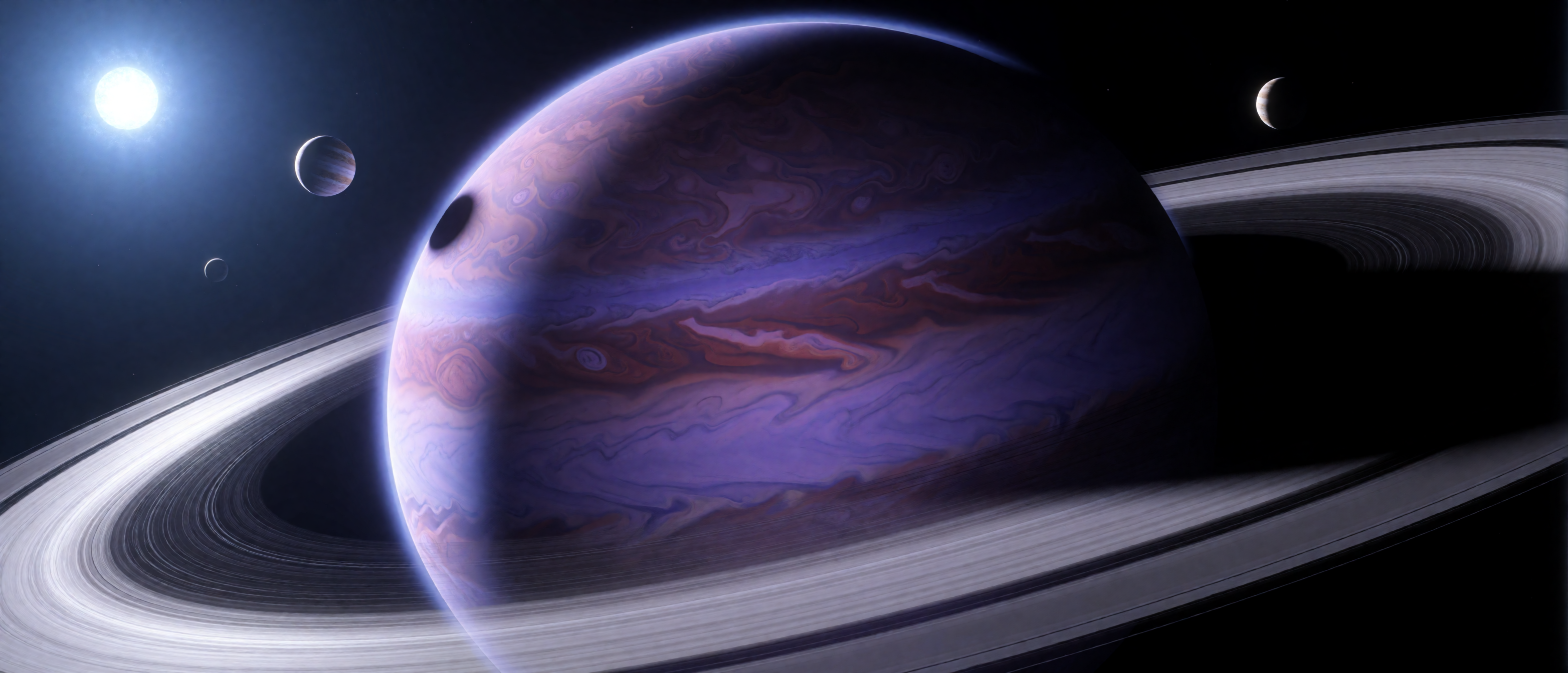 space-violet-rose-gas-giant-silver-rings-blue-star-three-moons-ultrawide