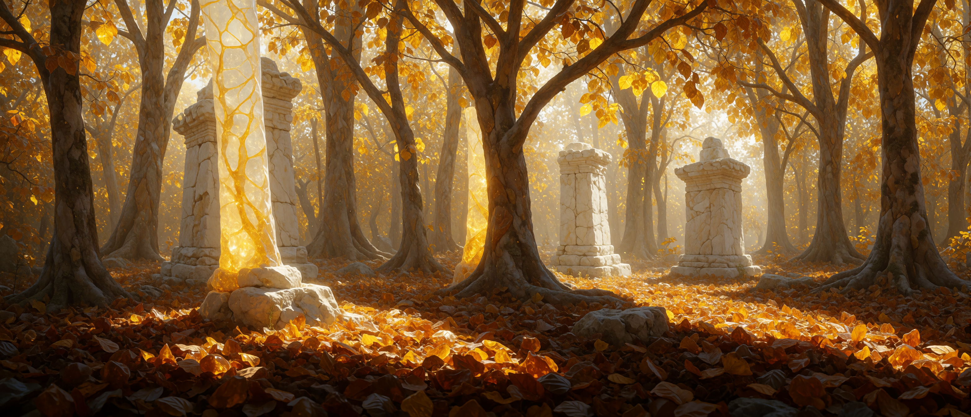 amber-glass-forest-golden-canopy-white-ruins-ultrawide