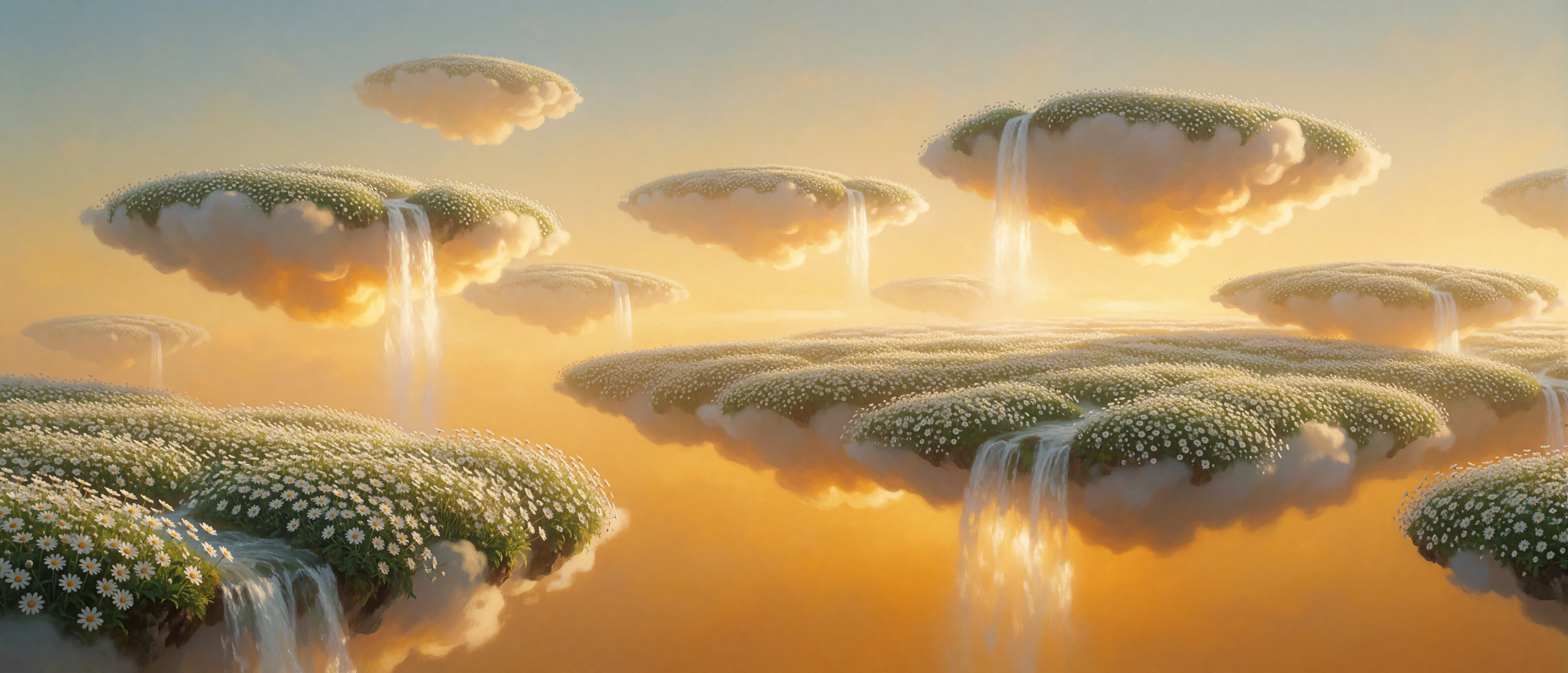 floating-cloud-islands-golden-sky-luminous-waterfalls-ultrawide