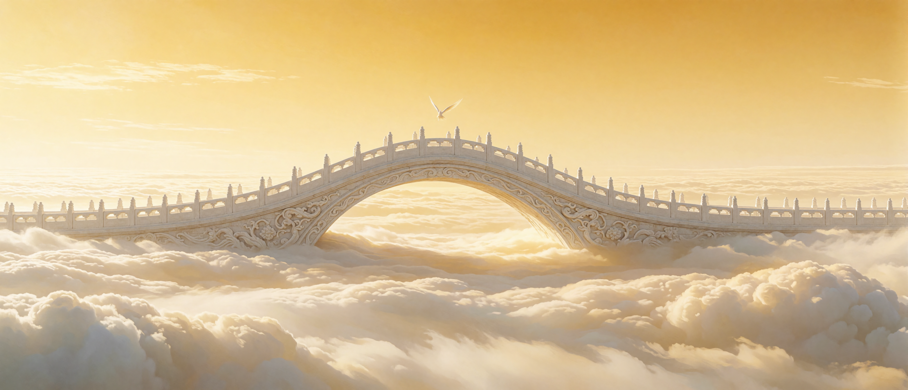 infinite-white-stone-bridge-golden-sky-angel-silhouette-ultrawide