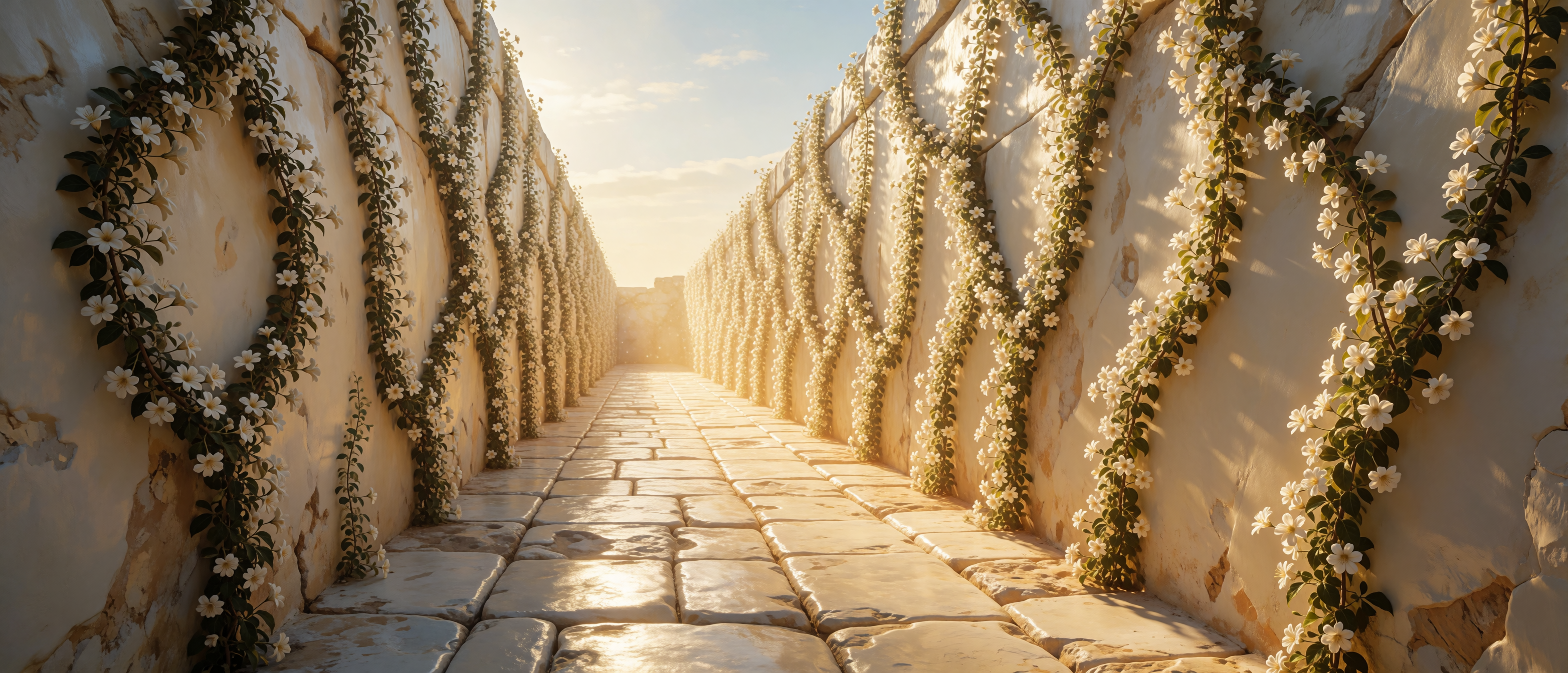 luminous-white-stone-passage-golden-light-flowers-ultrawide