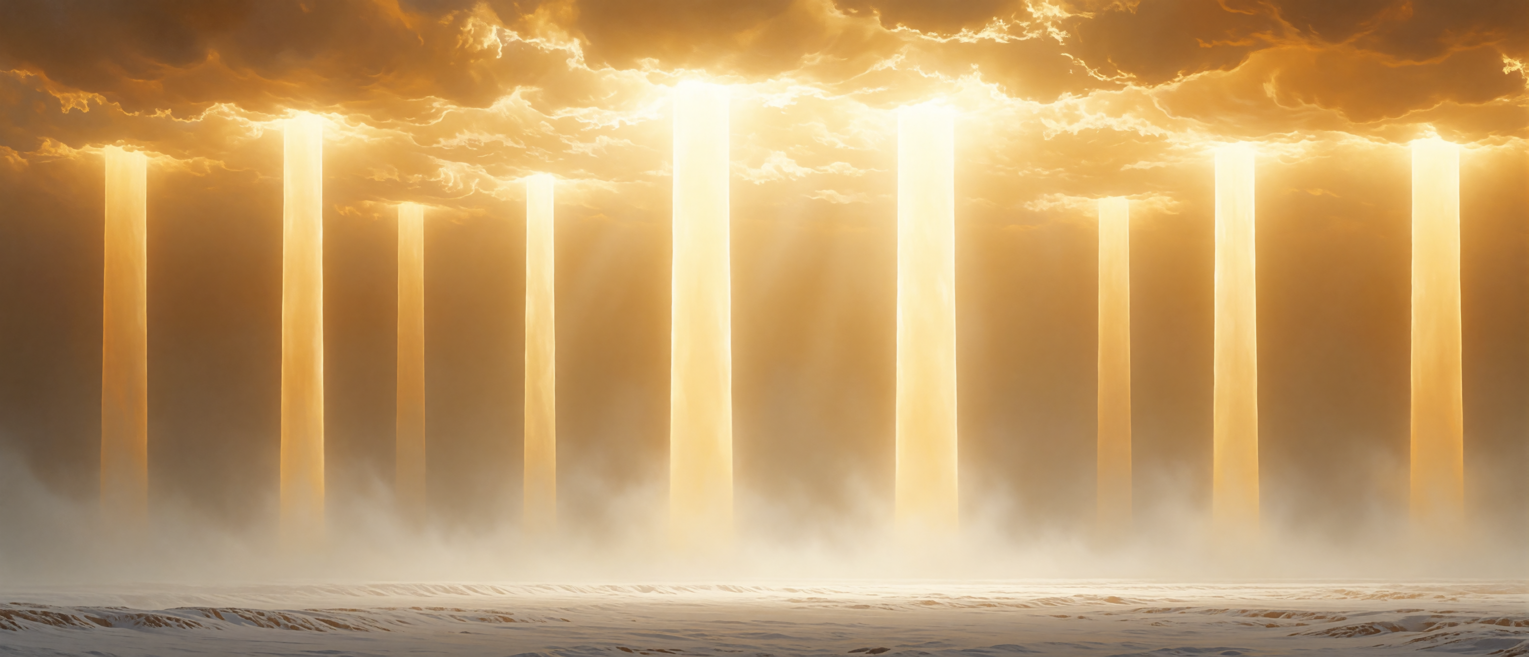 pillars-celestial-light-golden-clouds-misty-landscape-ultrawide