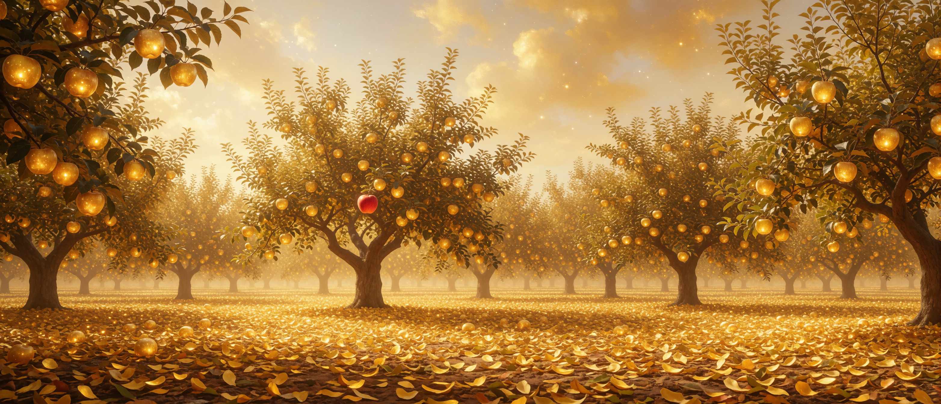 surreal-golden-apple-orchard-single-red-apple-celestial-ultrawide