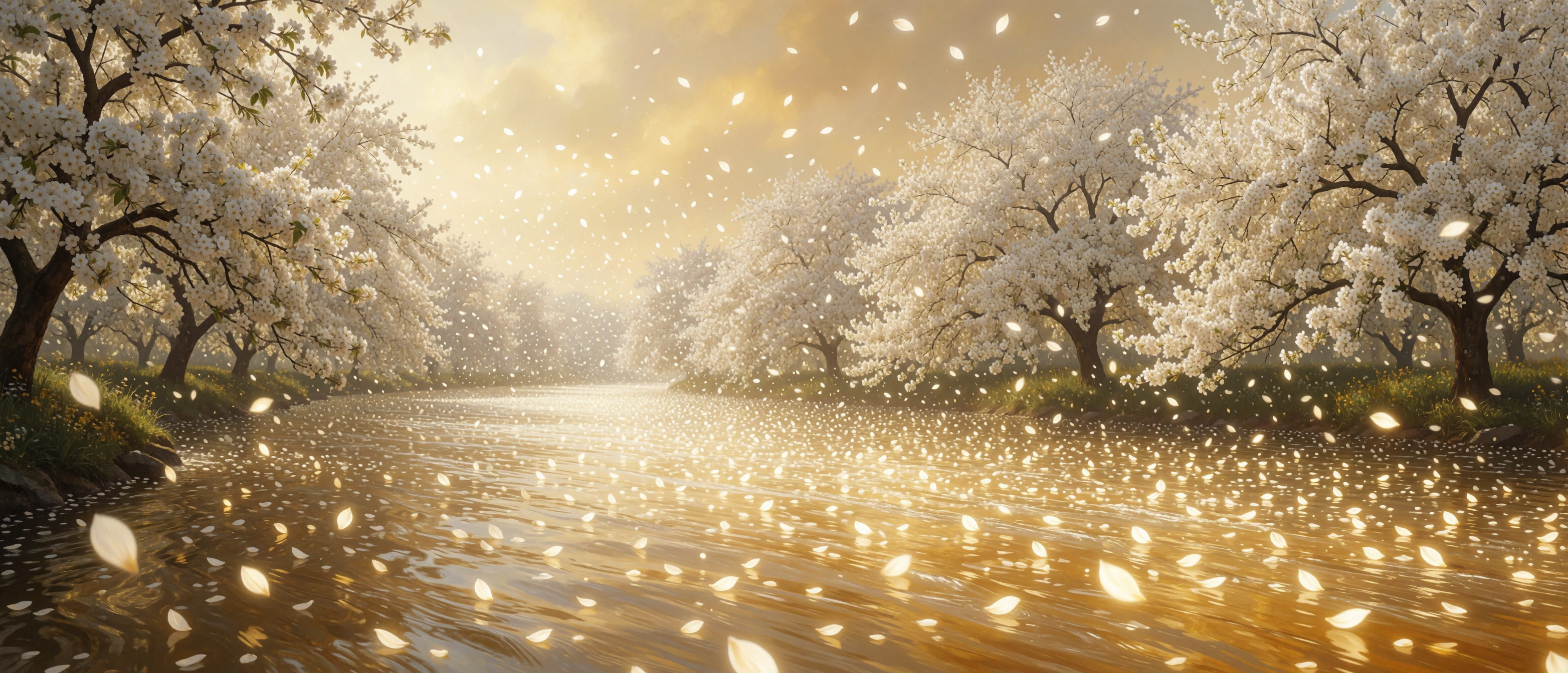 surreal-petal-river-luminous-white-flowers-golden-ultrawide