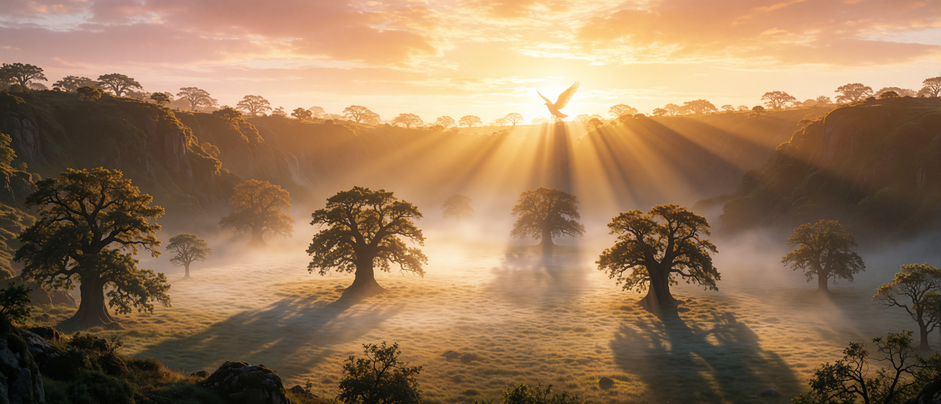 surreal-valley-dawn-golden-rays-angel-ridgeline-ultrawide