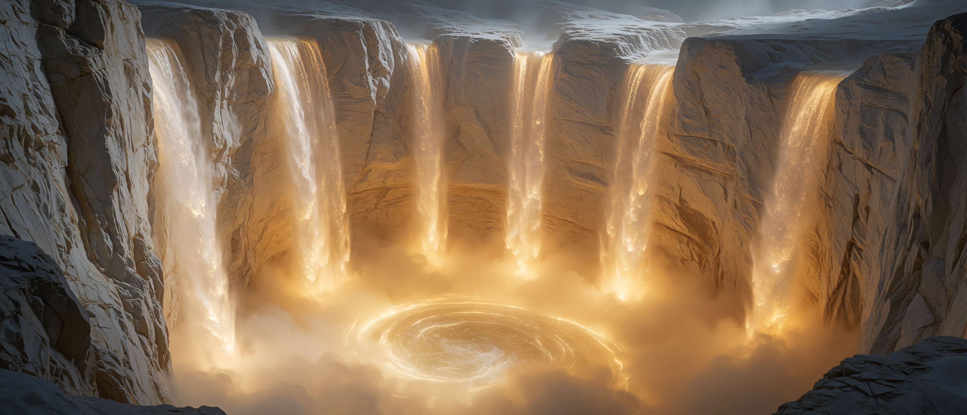 surreal-white-gorge-golden-mist-luminous-waterfalls-ultrawide