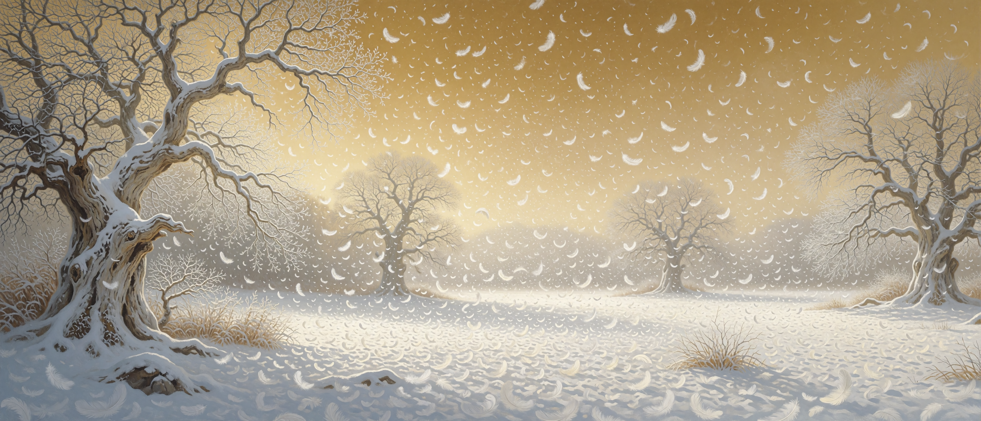 white-feather-snow-golden-sky-luminous-winter-ultrawide