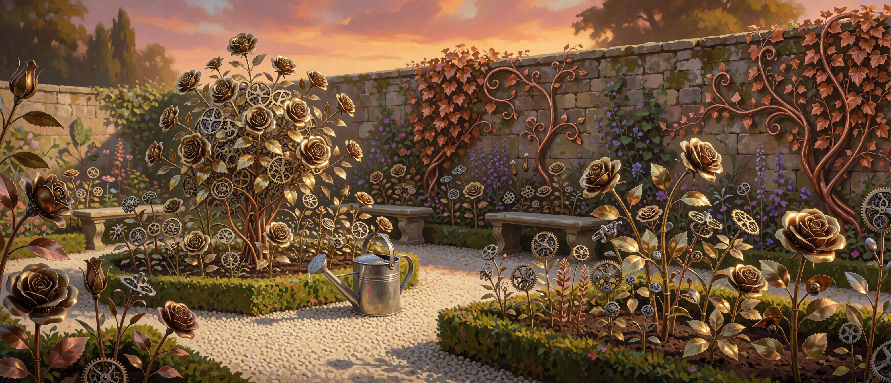 surreal-clockwork-garden-brass-roses-sunset-ultrawide