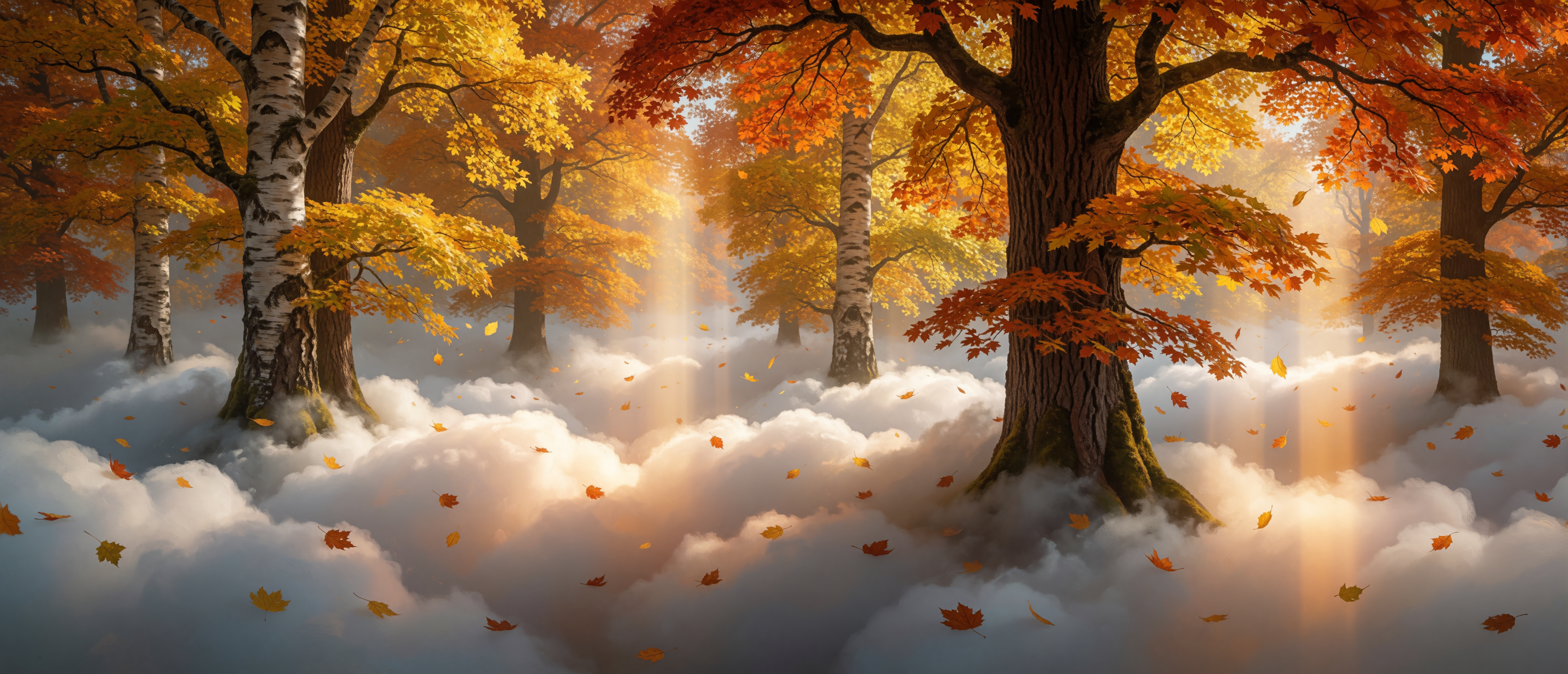 surreal-cloud-forest-floor-autumn-leaves-ultrawide